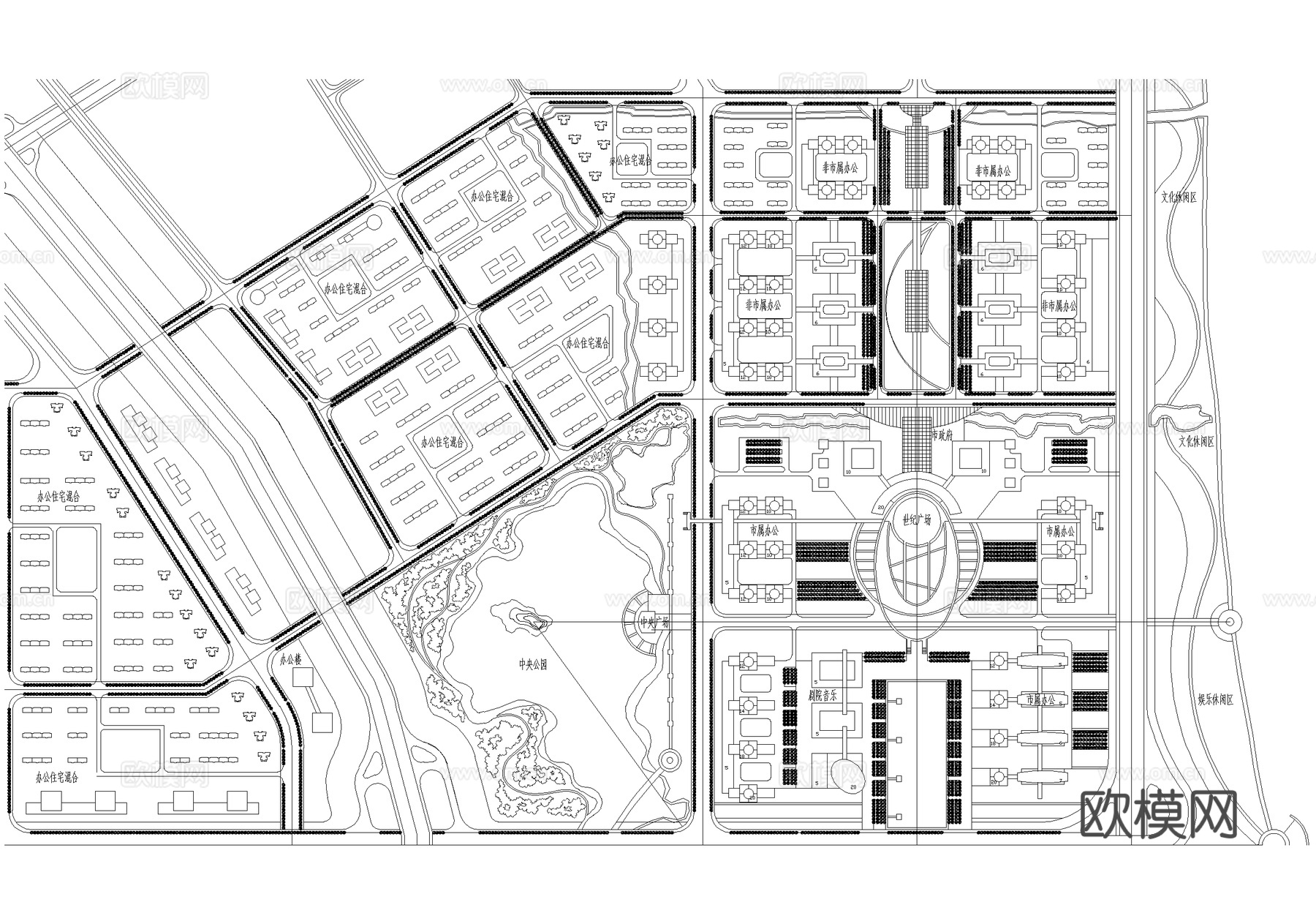 城市规划总平面图 行政文教办公中心金融商务住宅交通滨江广场cad施工图