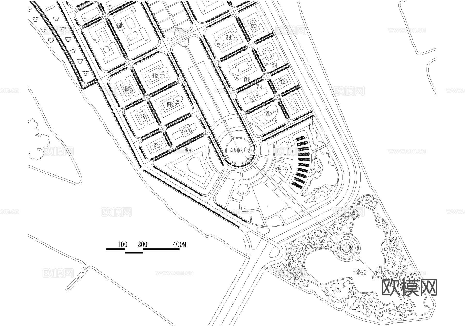 城市规划总平面图 行政文教办公中心金融商务住宅交通滨江广场cad施工图