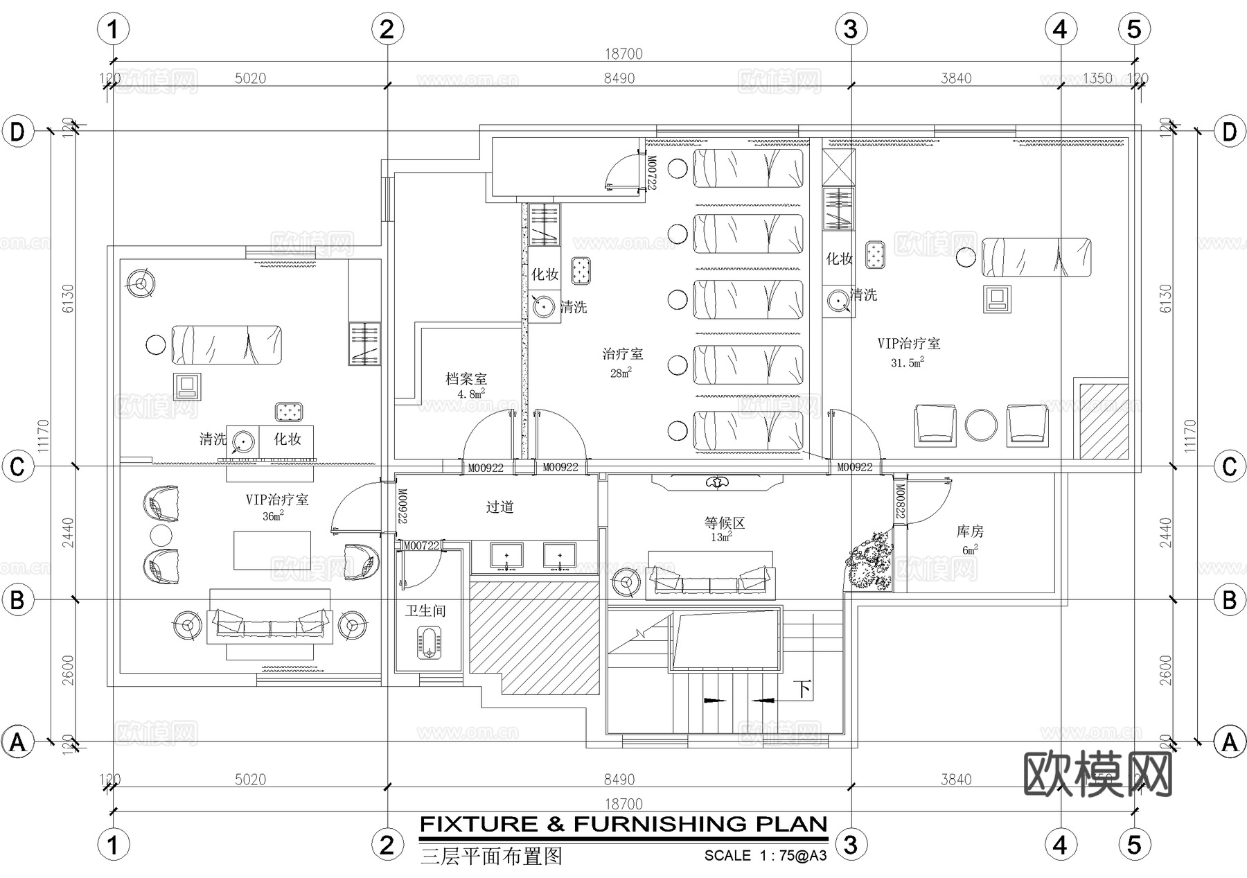 三层皮肤病医院平面系统图 天花灯具地面材质 墙体尺寸墙面材质cad施工图