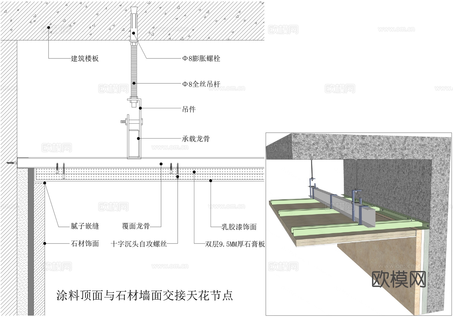 石膏板吊顶 涂料顶面石材墙面交接天花节点 乳胶漆石材饰面cad施工图