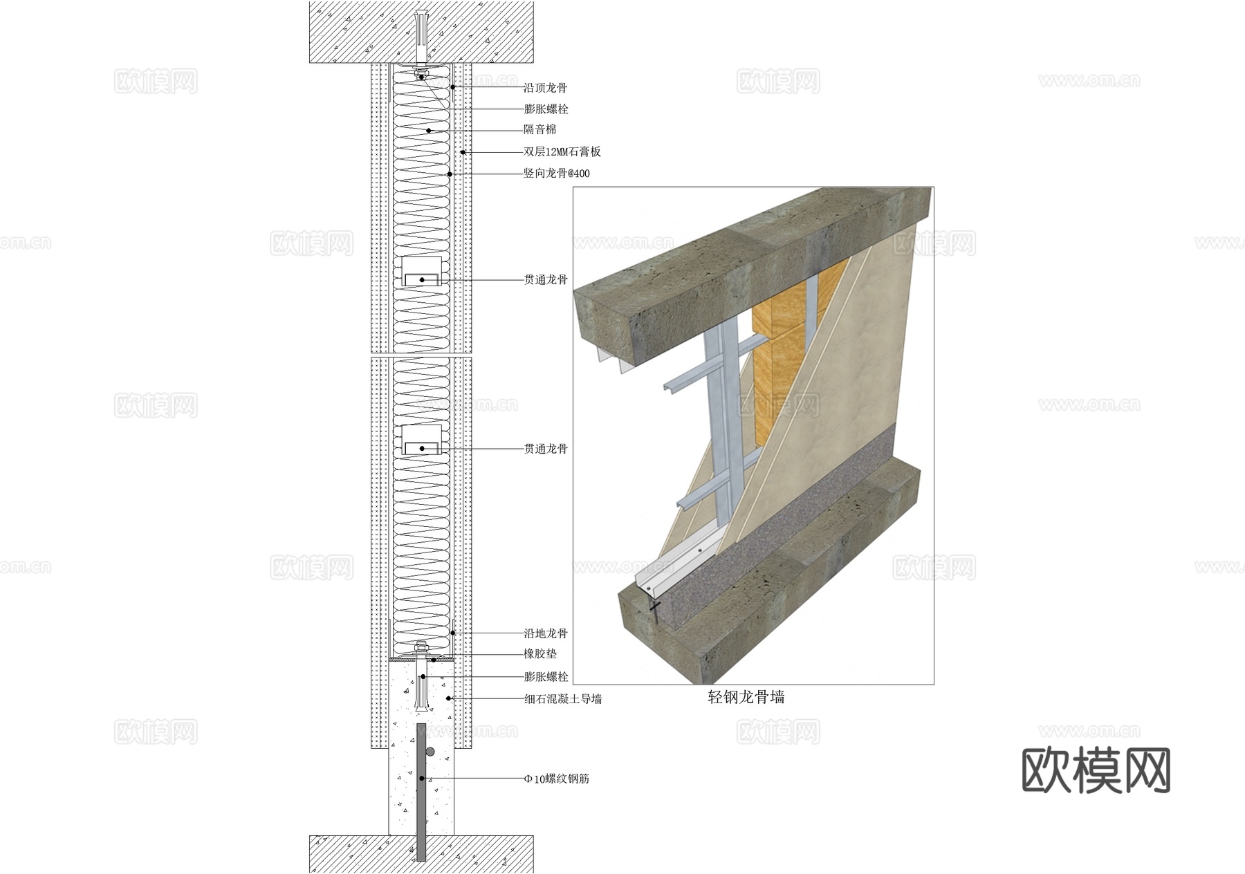 轻钢龙骨隔墙纵剖面图cad施工图
