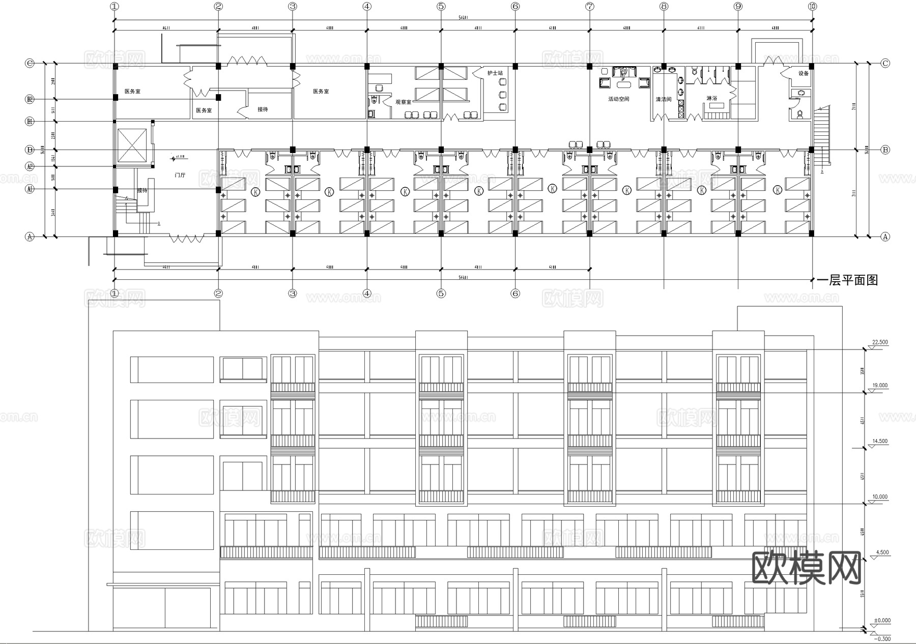 五层养老院敬老院疗养院 全护理单元户型图 建筑平立面图cad施工图