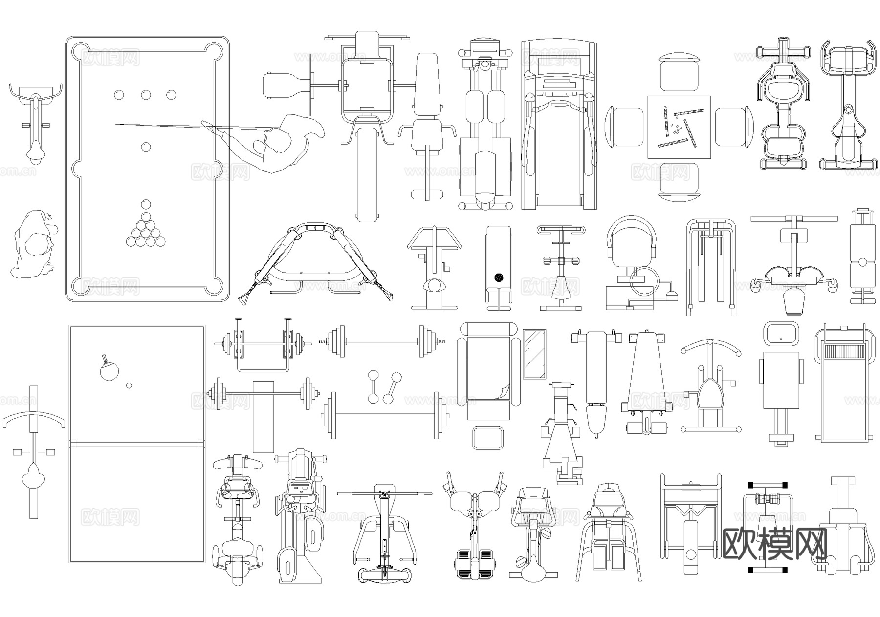 运动器材 休闲健身训练设施 乒乓球 台球棋牌桌杠铃cad施工图