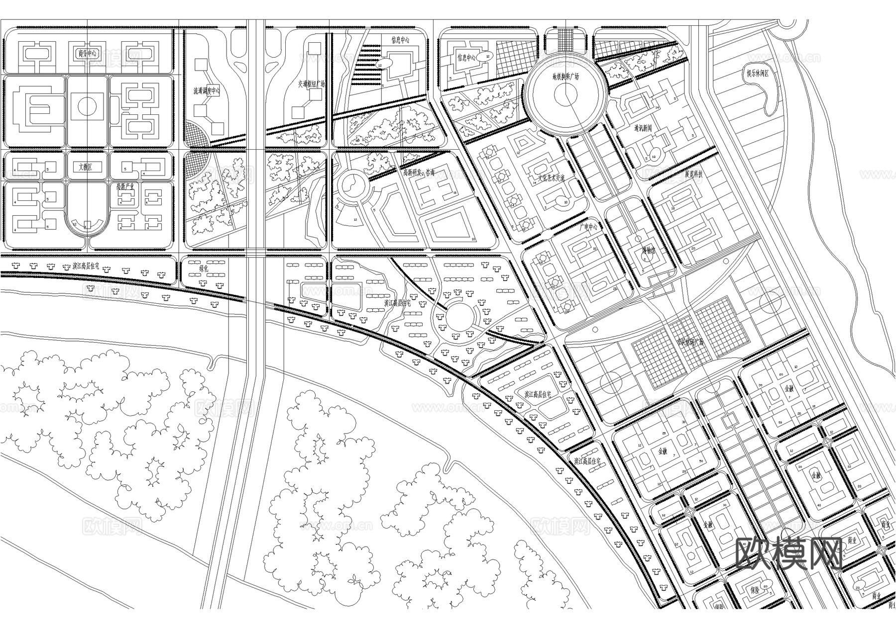 城市规划总平面图 行政文教办公中心金融商务住宅交通滨江广场cad施工图