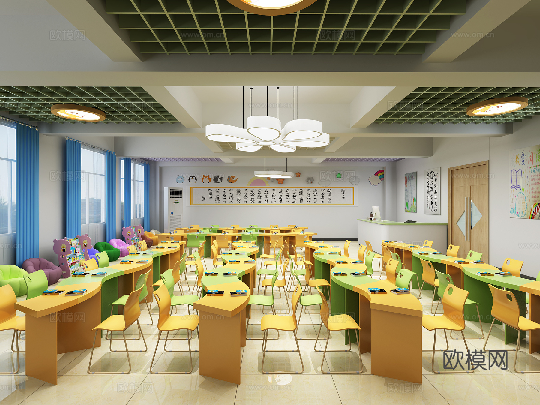 现在阅览室 吊灯 凳子 桌子 窗帘 书画3d模型
