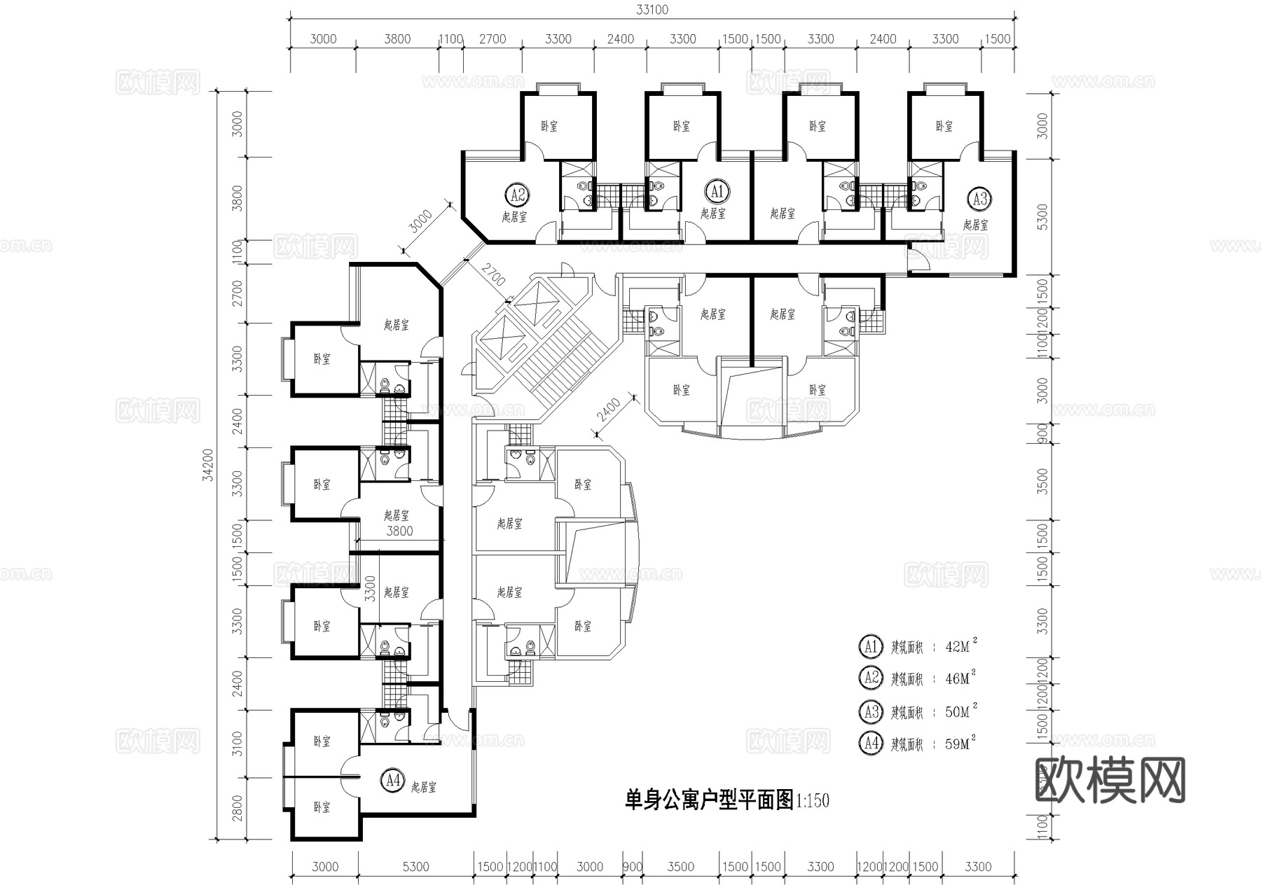单身公寓户型图 建筑平面图 一室两室一厅一卫cad施工图