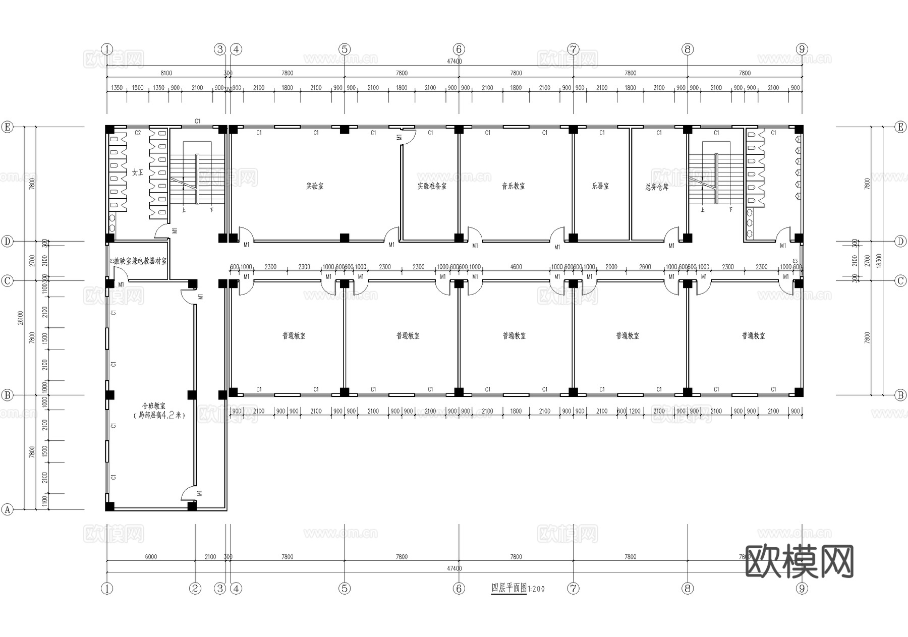 四层教学楼学校建筑cad施工图