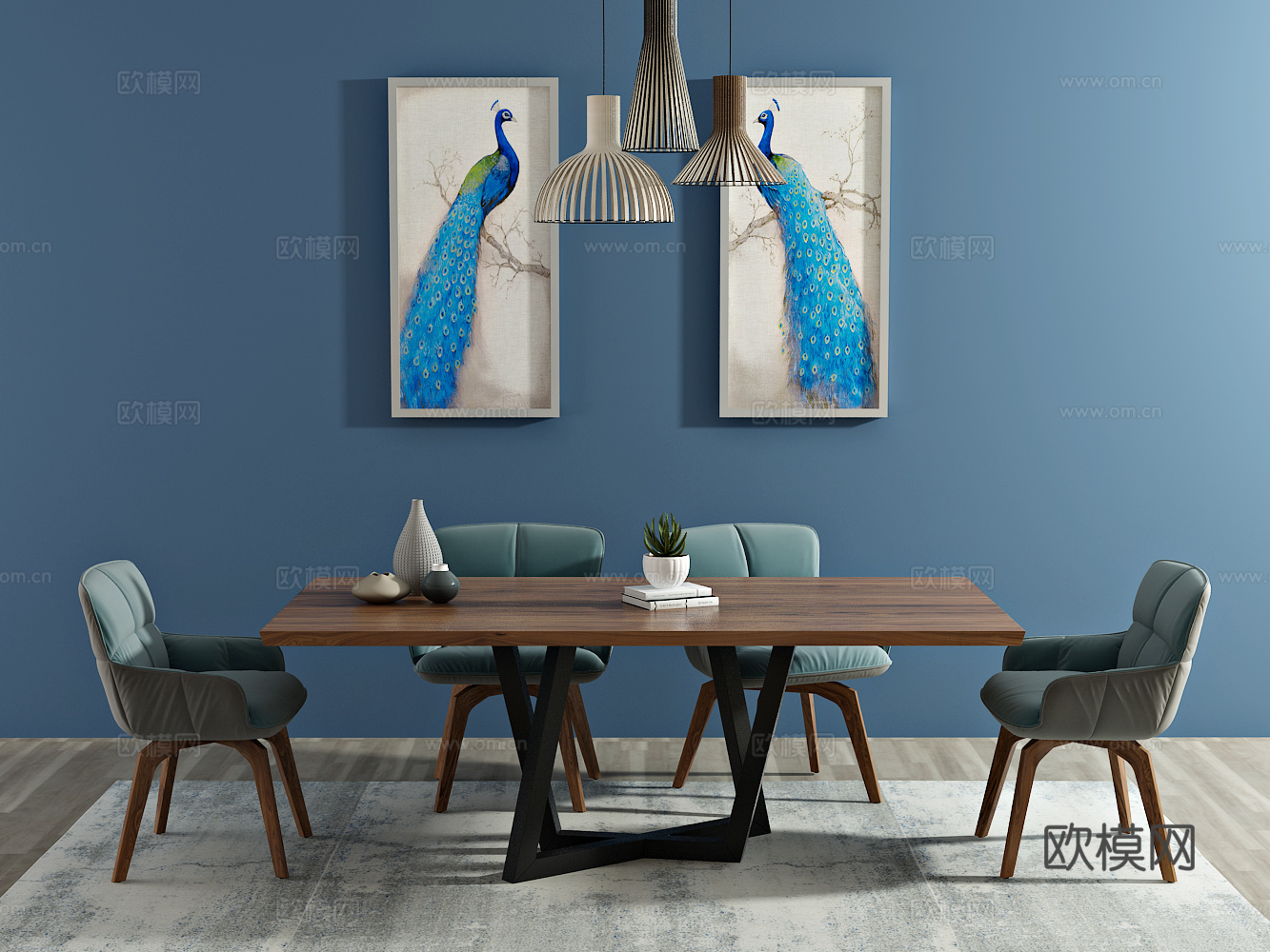 北欧餐桌 椅子 装饰画 吊灯3d模型下载（渲染图2）