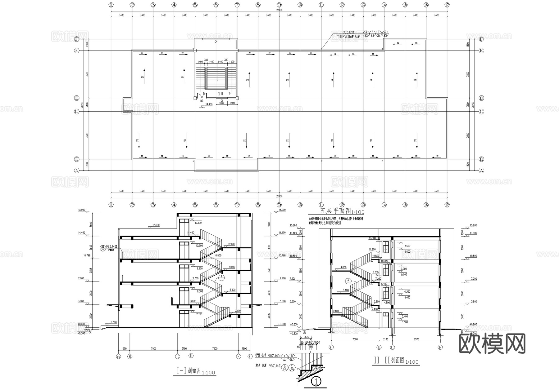 四层中学教学楼学校建筑cad施工图