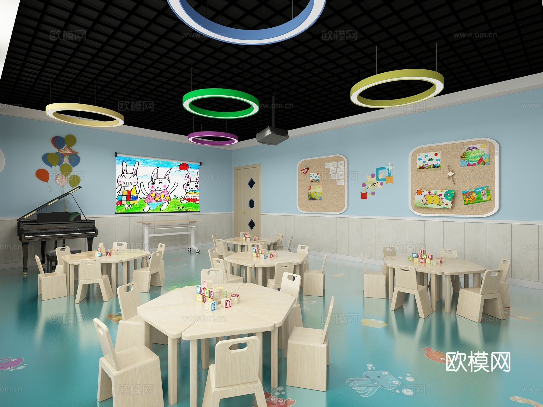 现代幼儿园 桌椅 挂画 钢琴 物件摆件3d模型