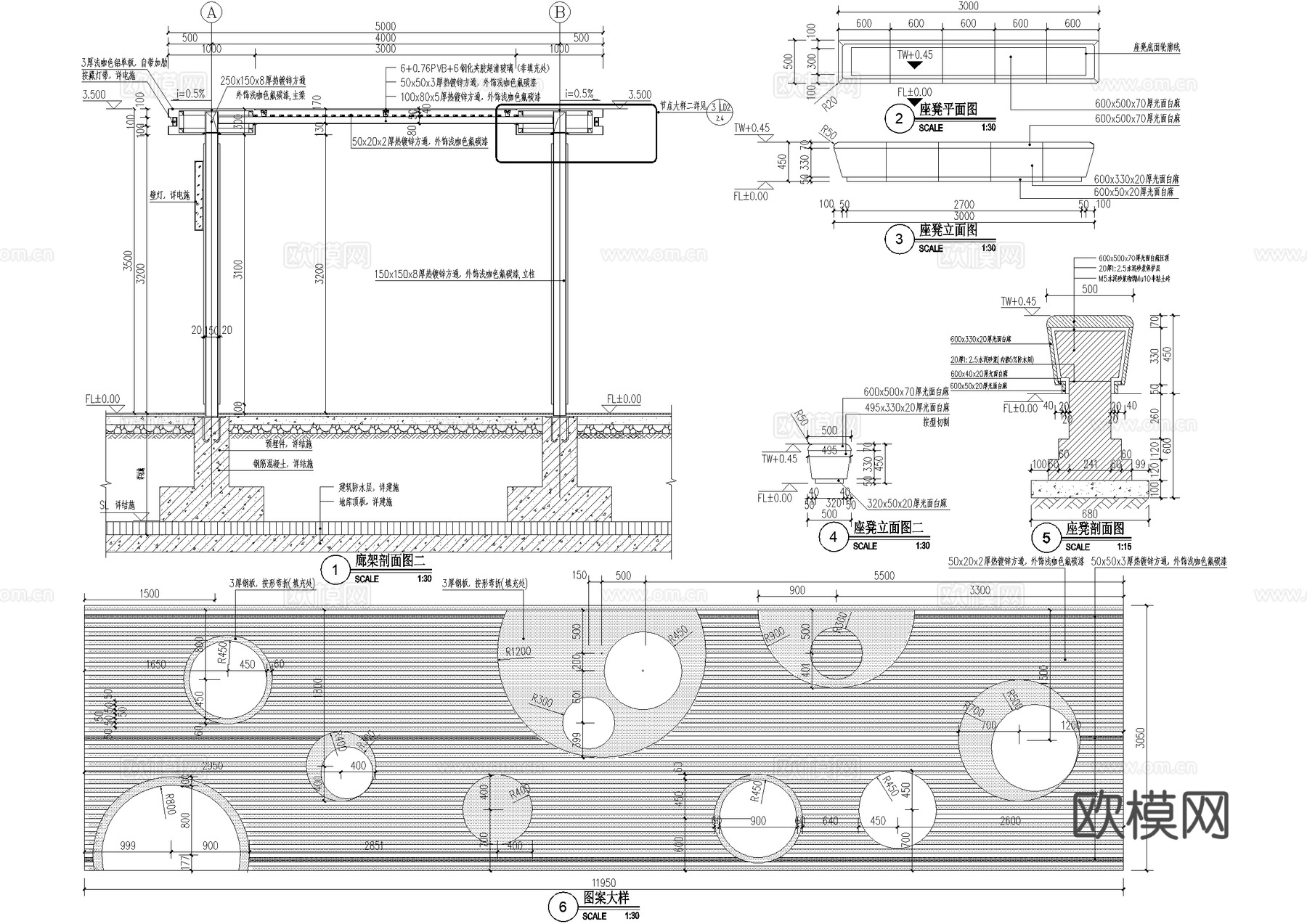 现代玻璃廊架 钢结构廊架 会客厅坐凳cad施工图
