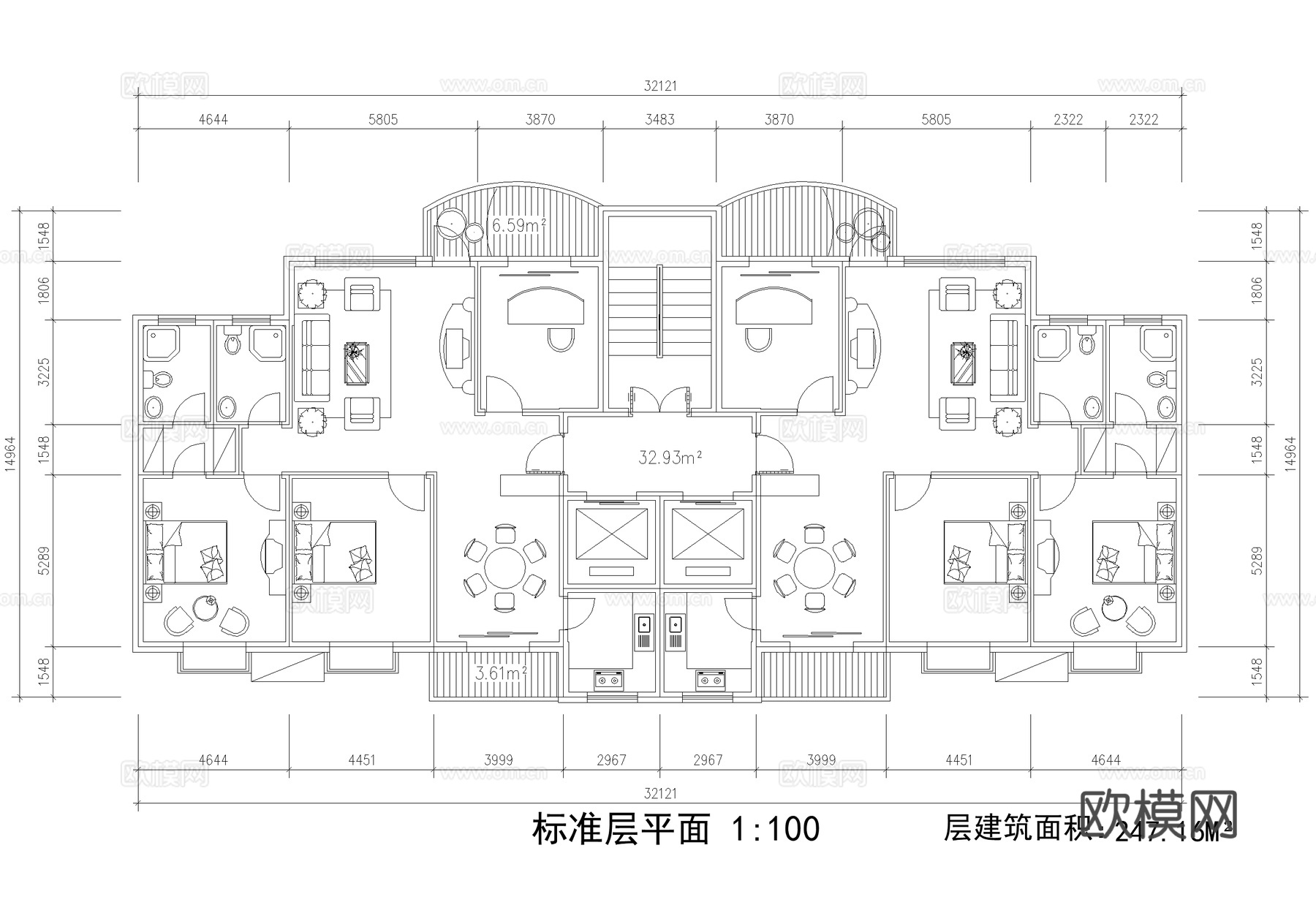 标准层建筑平面图 平层户型图 三室两厅两卫一厨 三梯两户cad施工图