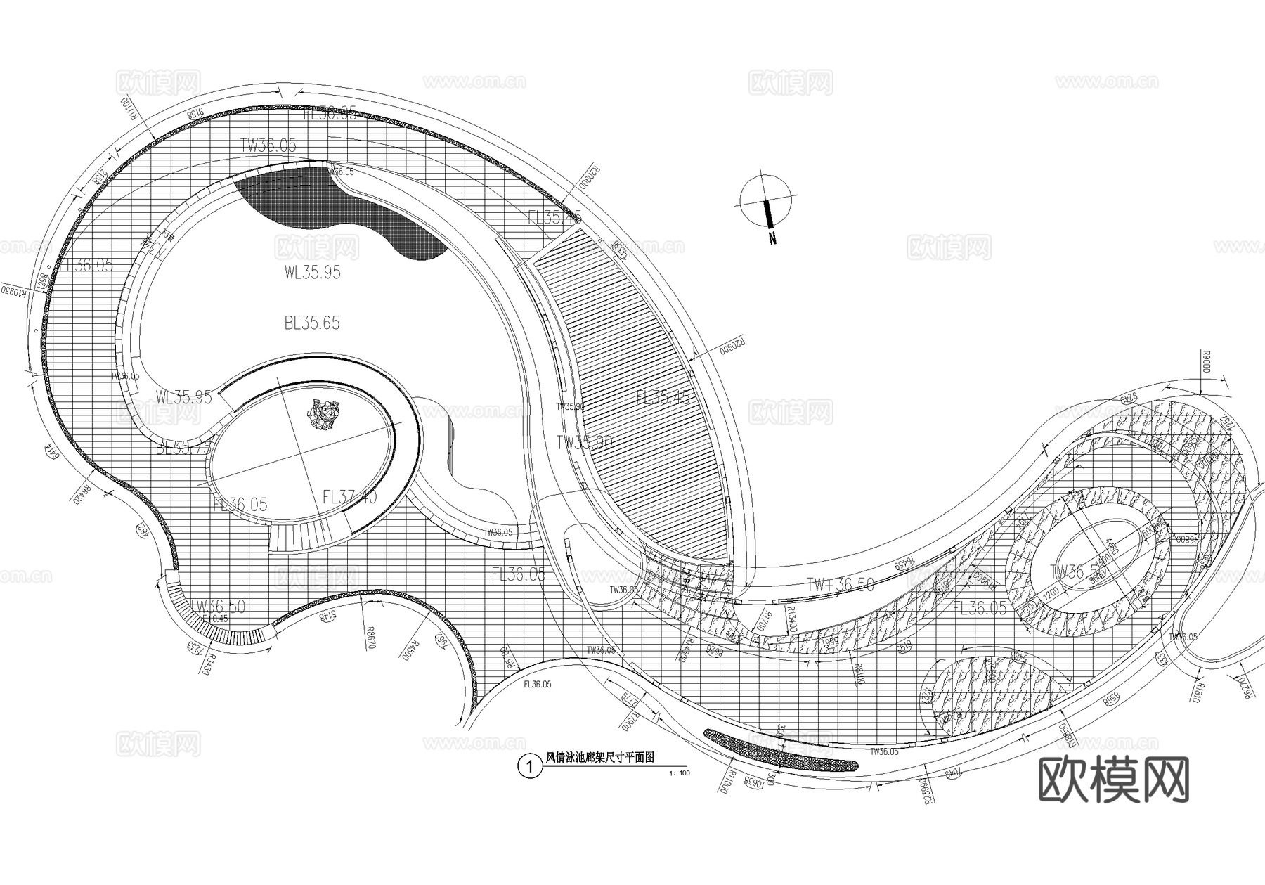 现代异形廊架 弧形廊架 钢结构廊架 风雨连廊cad施工图