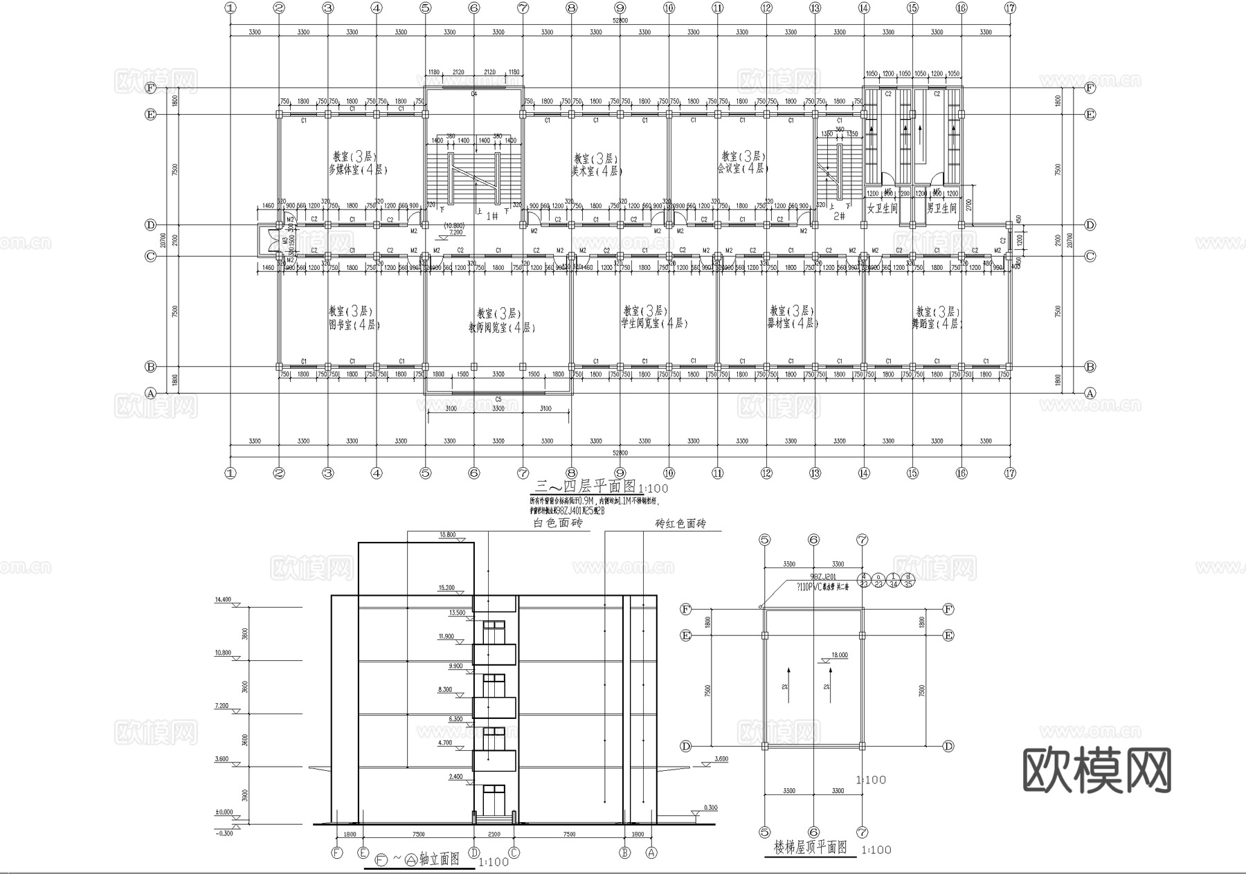 四层中学教学楼学校建筑cad施工图