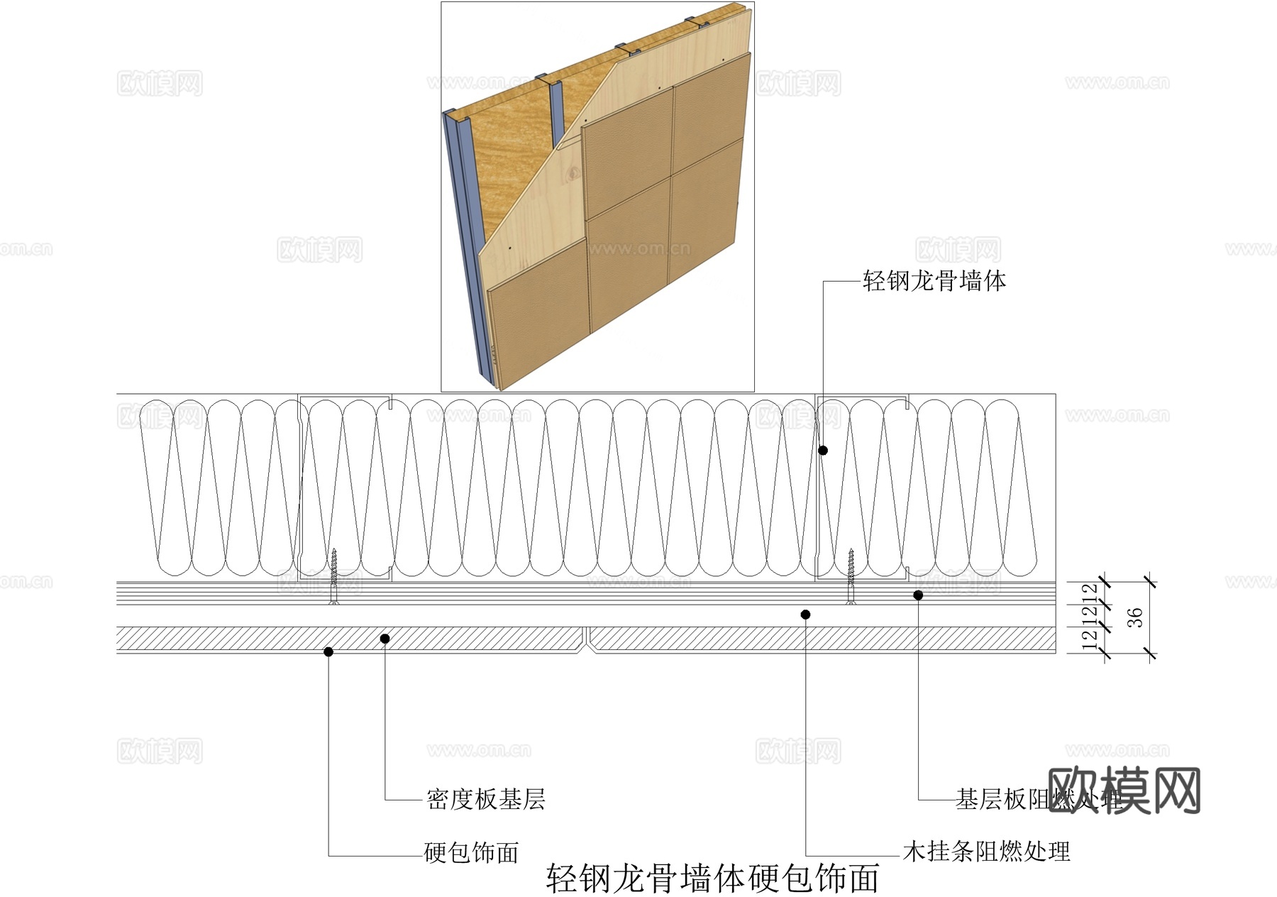 轻钢龙骨隔墙 硬包饰面墙面节点cad施工图