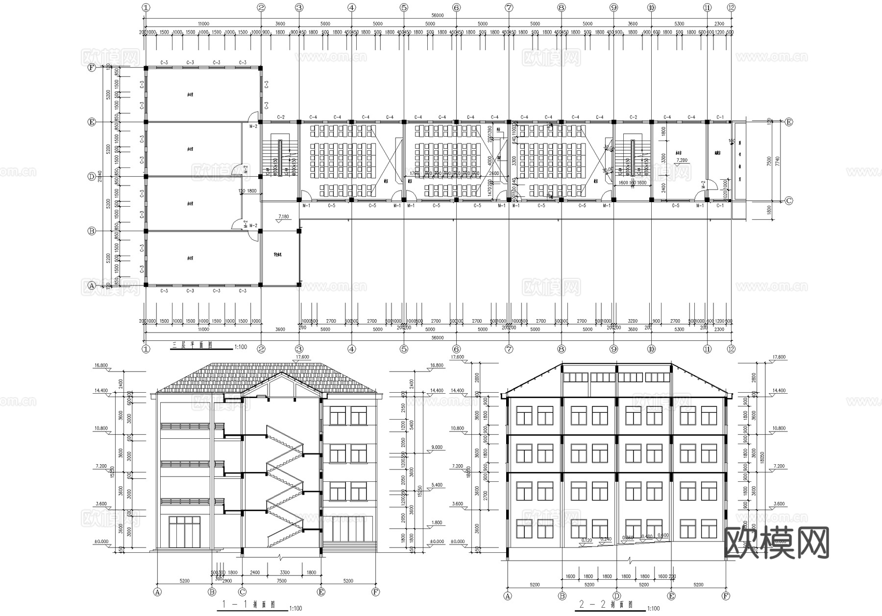 四层中学教学楼学校建筑结构cad施工图