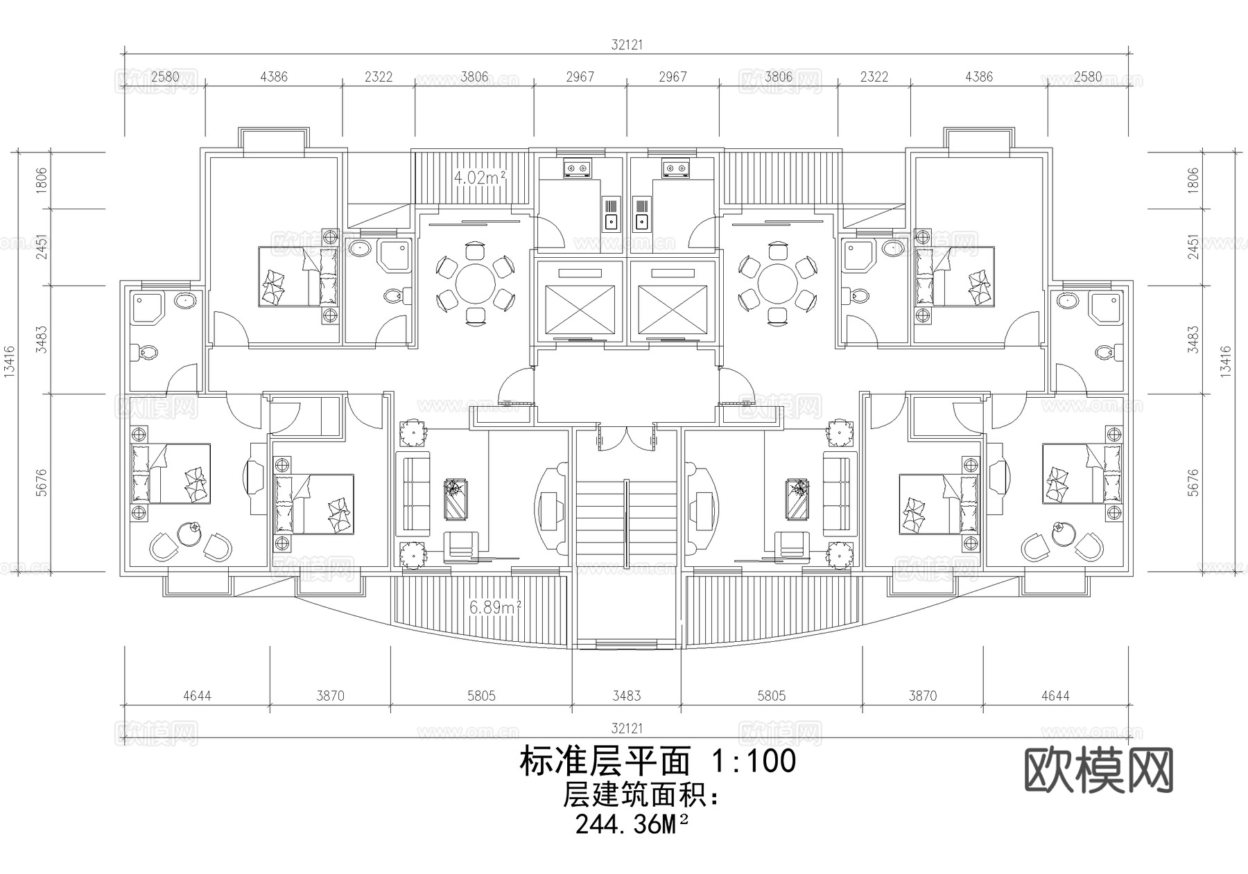平层户型图 建筑平面图 三室两厅两卫一厨 三梯两户cad施工图
