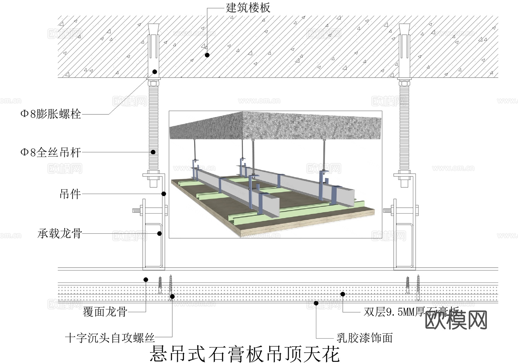 石膏板吊顶 悬吊式天花cad施工图