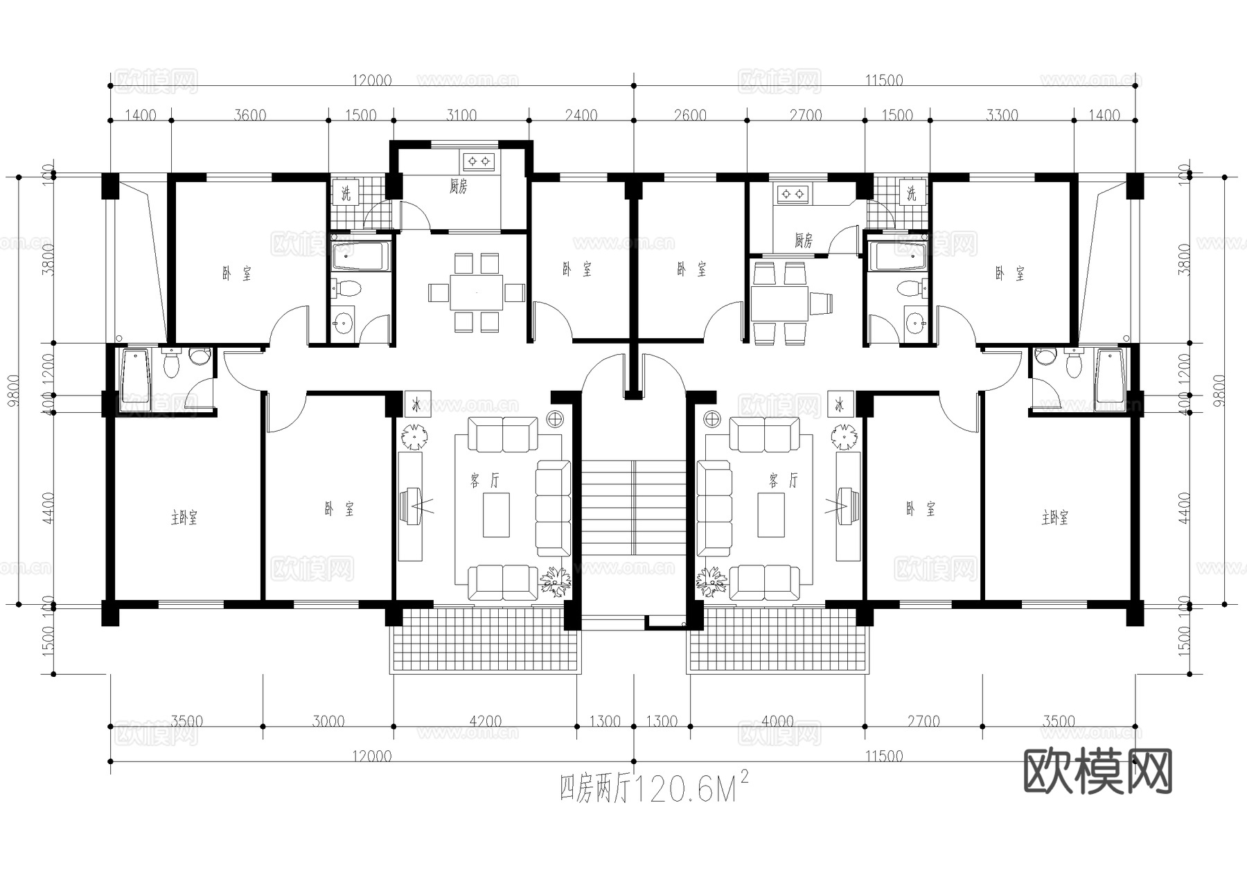建筑平面图 户型图 四室两厅两卫 一梯两户cad施工图