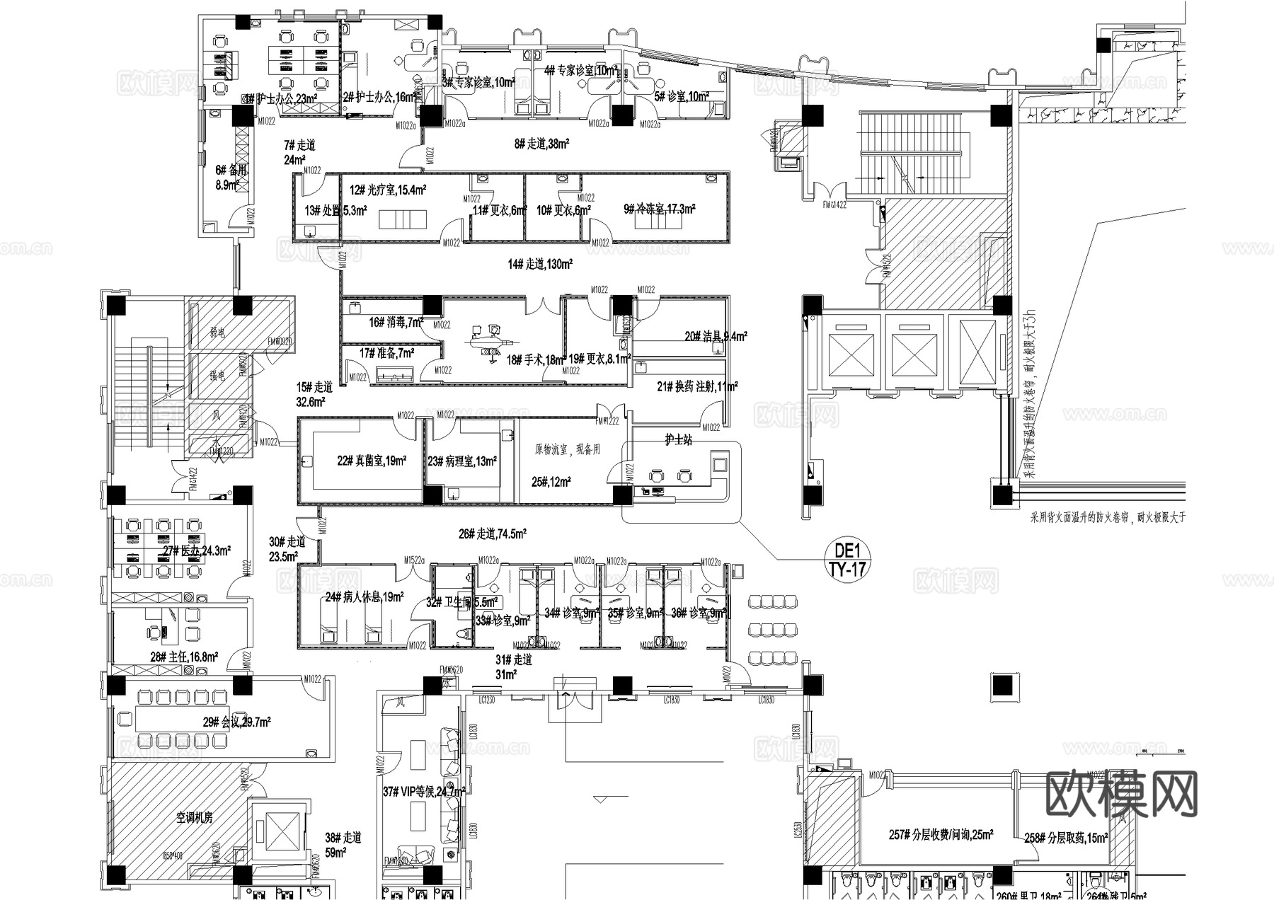 医院门诊医技楼三层 耳鼻喉科口腔牙科 平面图cad施工图
