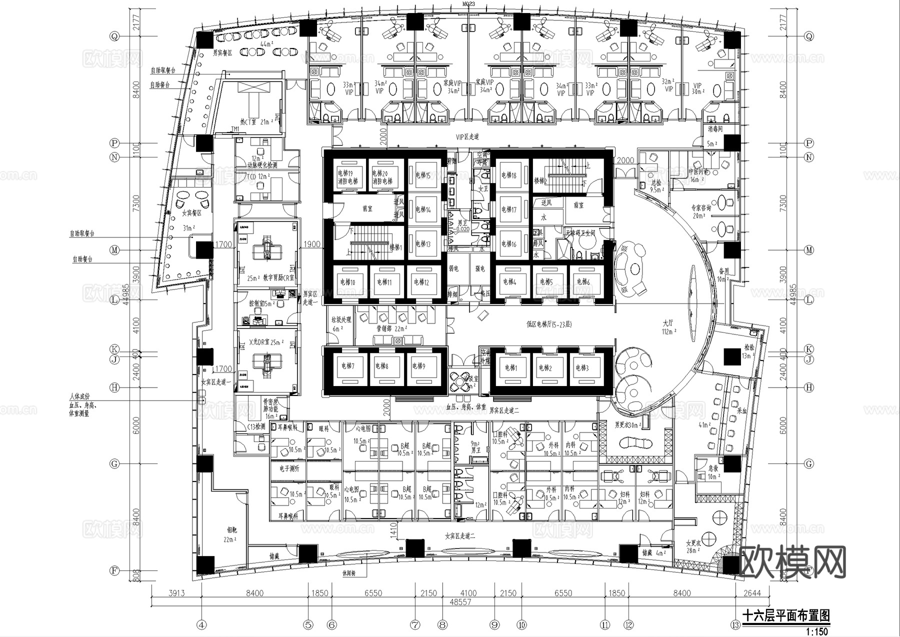 医院平面系统图 天花地材隔墙尺寸cad施工图