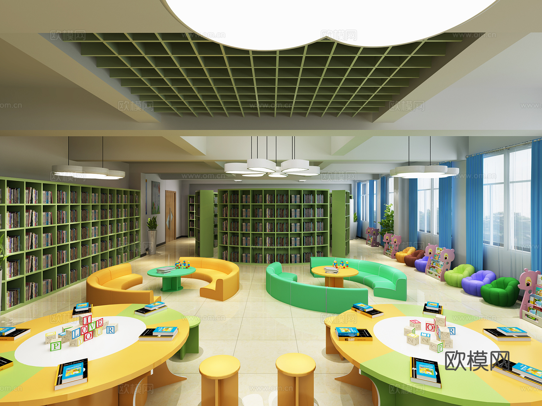 现在阅览室 吊灯 凳子 桌子 窗帘 书画3d模型