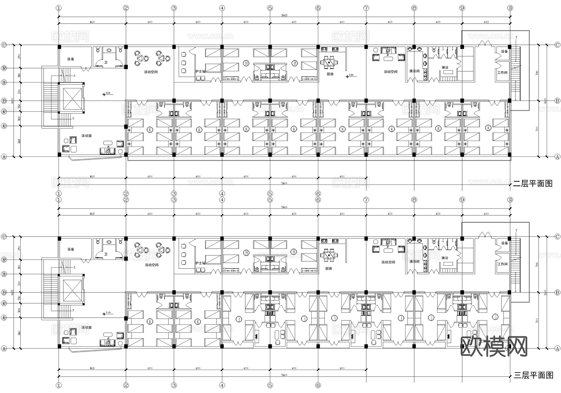 五层养老院敬老院疗养院 全护理单元户型图 建筑平立面图cad施工图