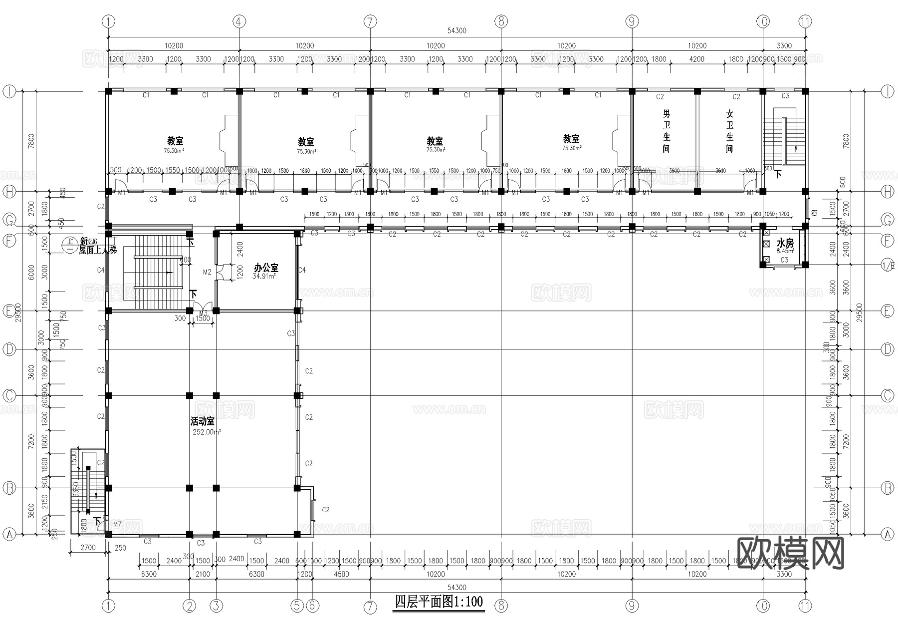 四层教学楼教室学校建筑cad施工图