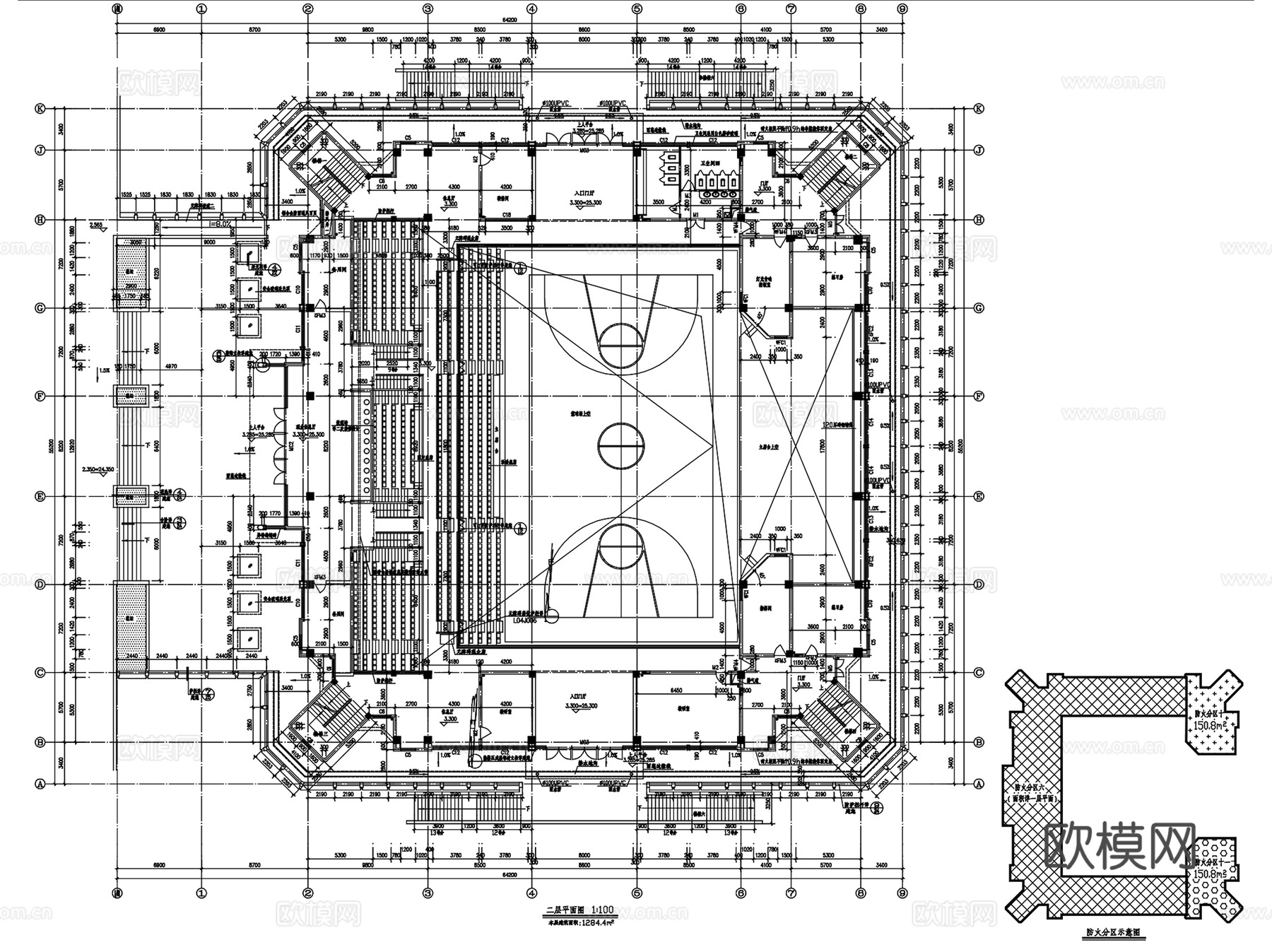 青岛一中校改体育馆平立剖面建筑CAD施工图集cad施工图