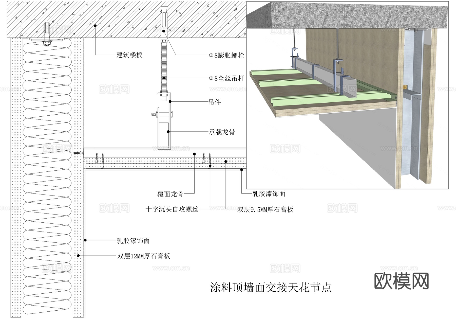石膏板吊顶 涂料墙顶面交接 乳胶漆饰面天花cad施工图