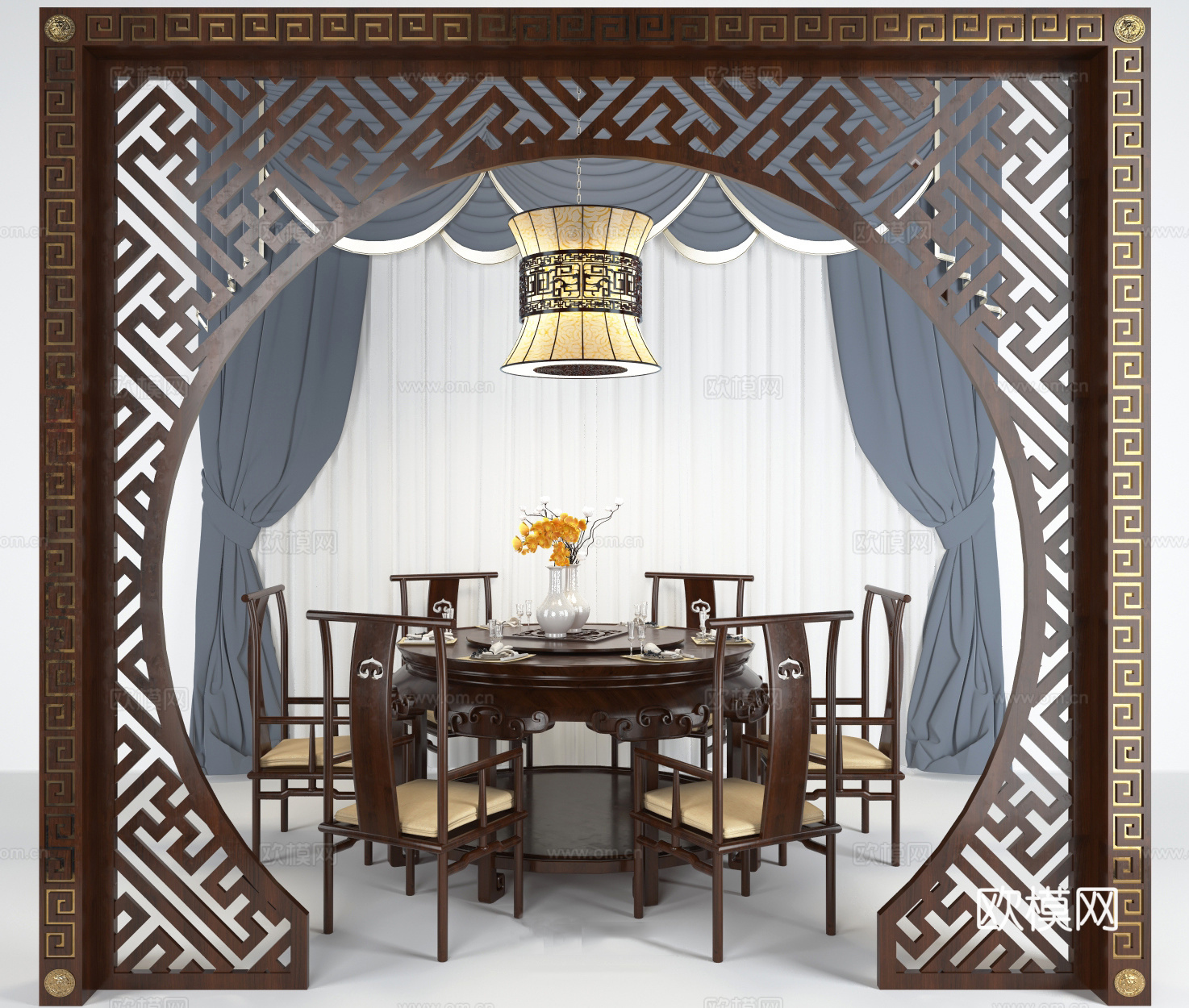 中式餐桌屏风窗帘吊灯组合3d模型下载（渲染图2）