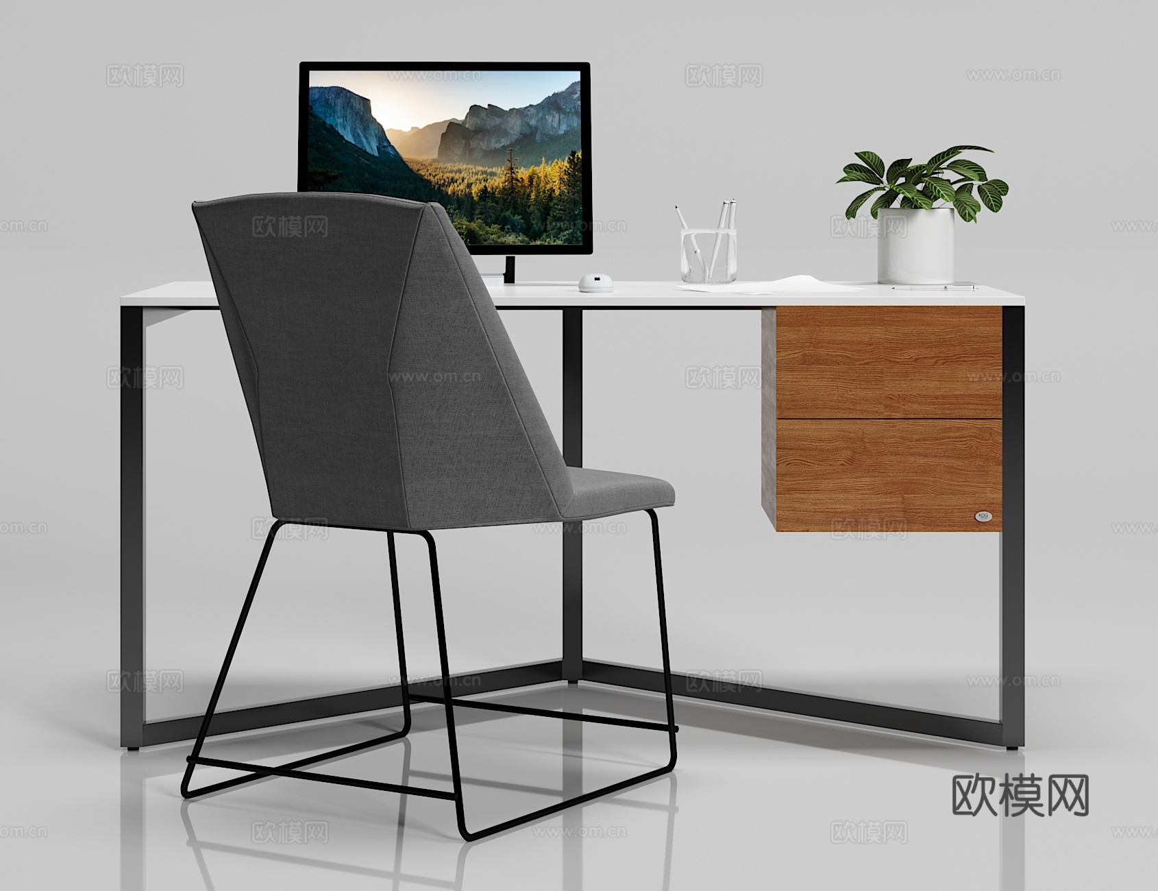 现代简约办公桌 椅子 电脑摆件组合3d模型下载（渲染图2）