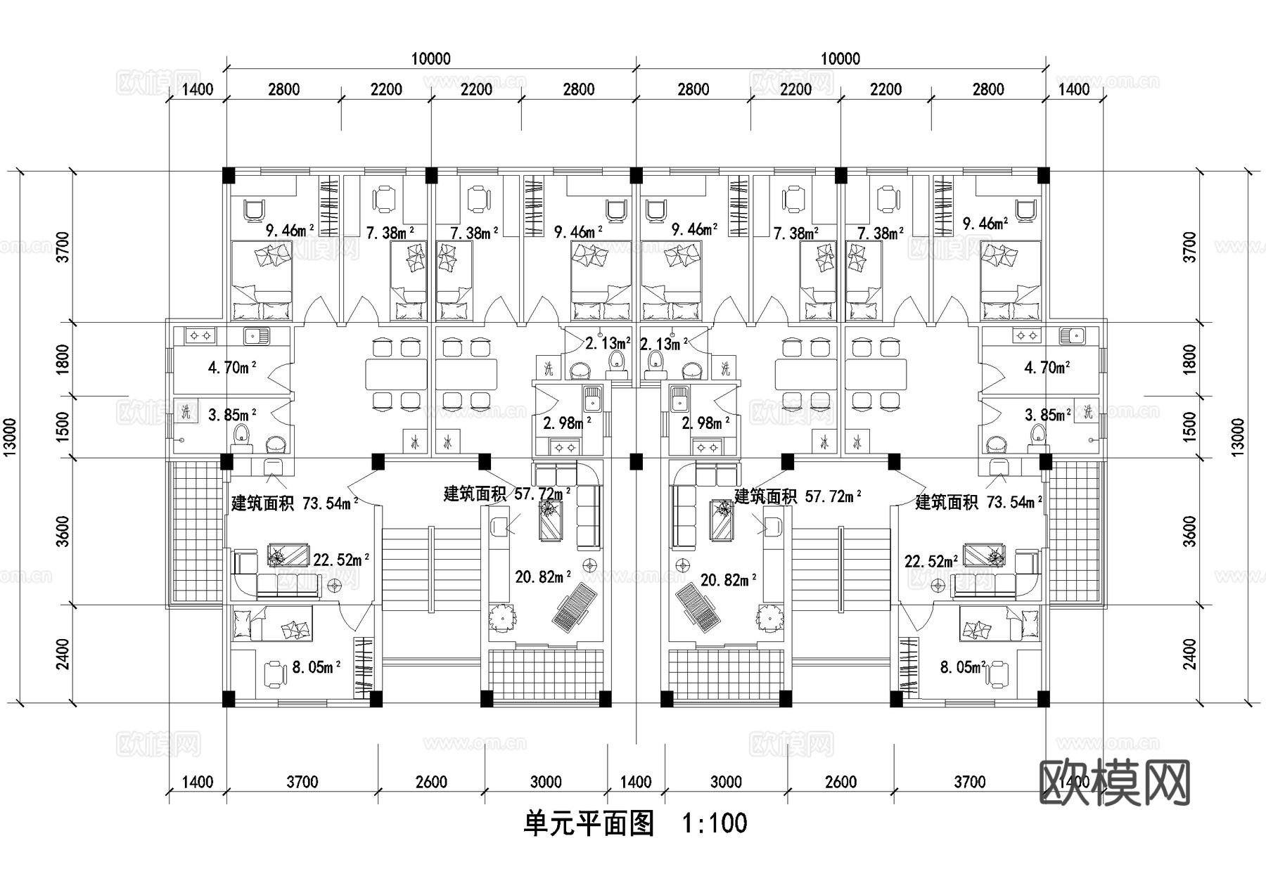 单元楼建筑平面图小户型平层 户型图 两室两厅三室两厅一梯两户cad施工图