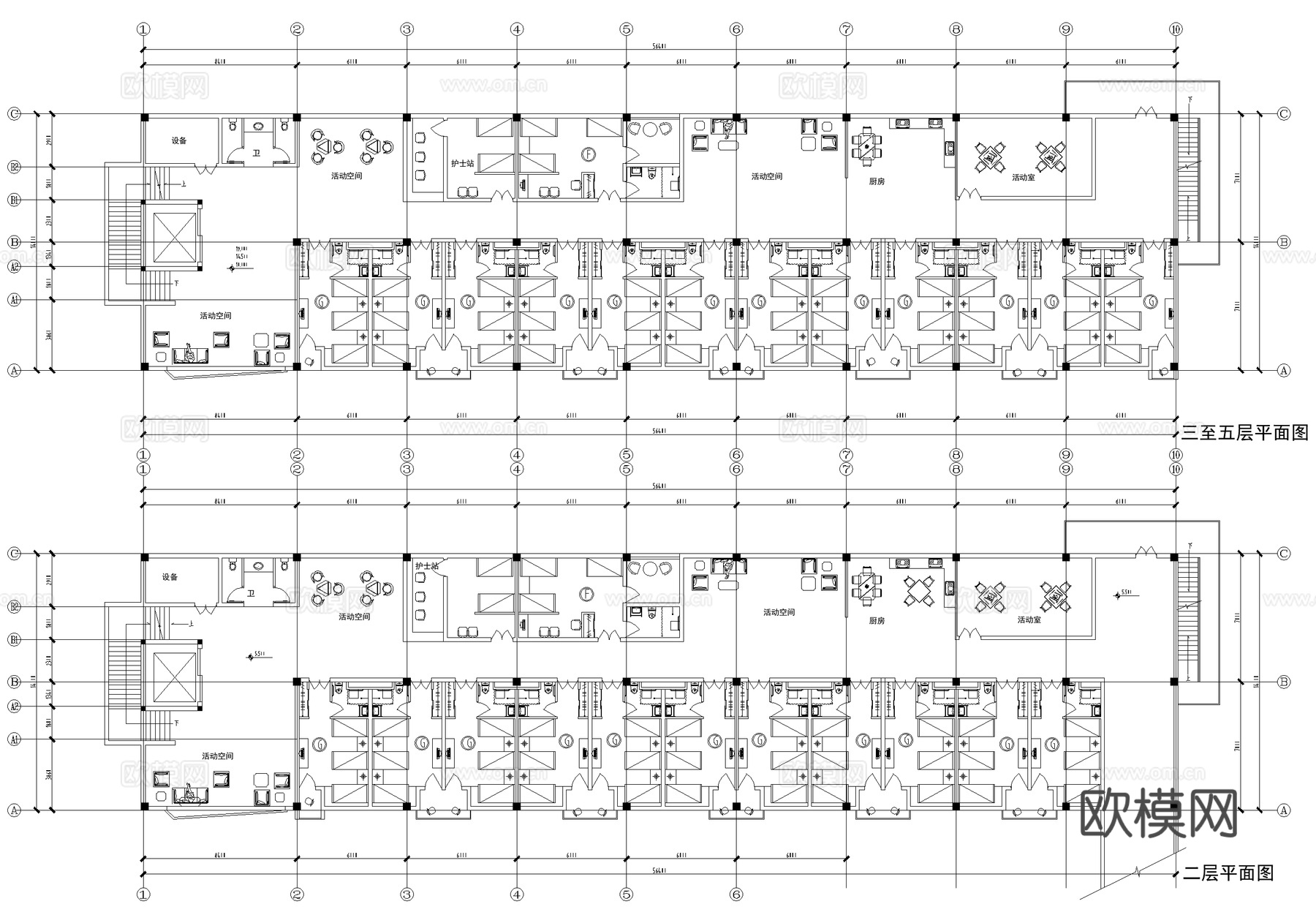 五层养老院敬老院疗养院 全护理单元户型图 建筑平立面图cad施工图