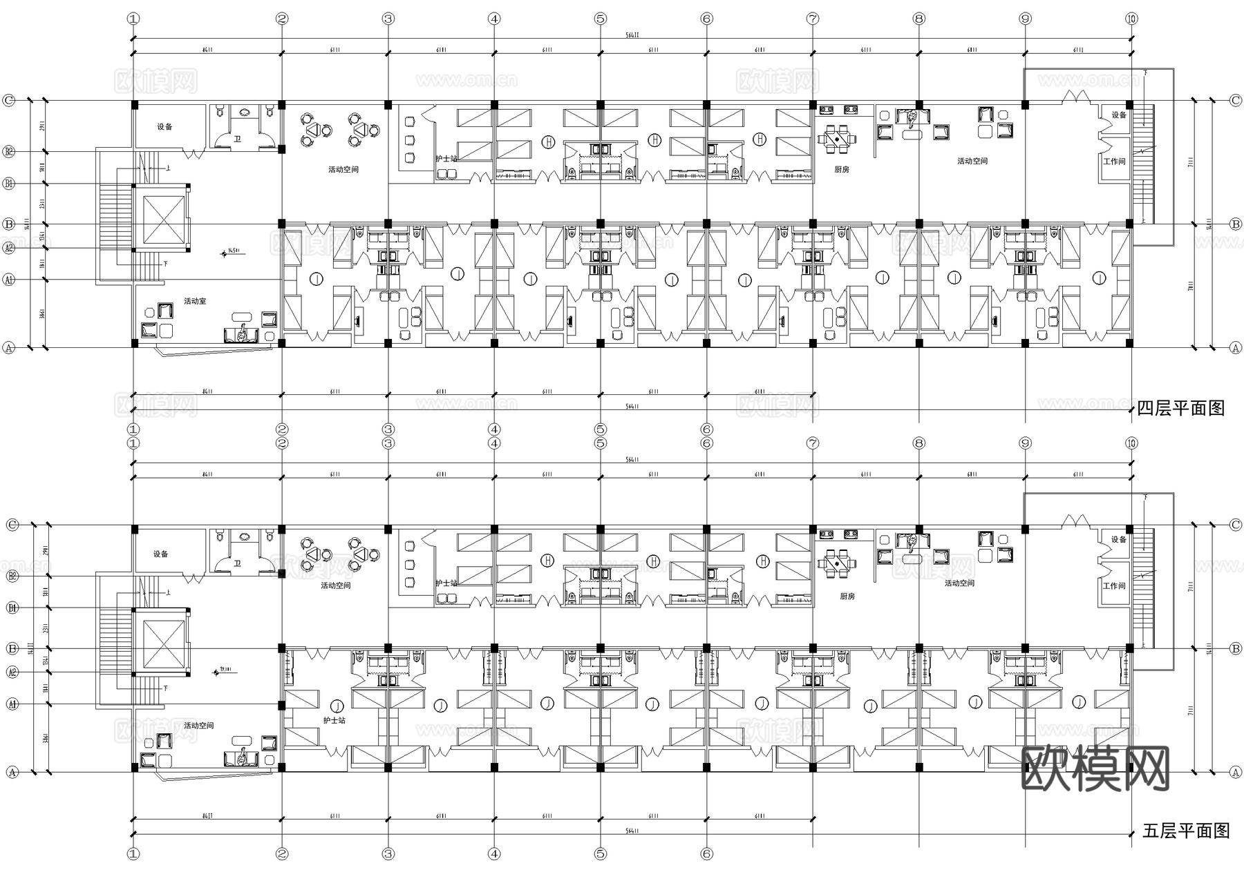 五层养老院敬老院疗养院 全护理单元户型图 建筑平立面图cad施工图