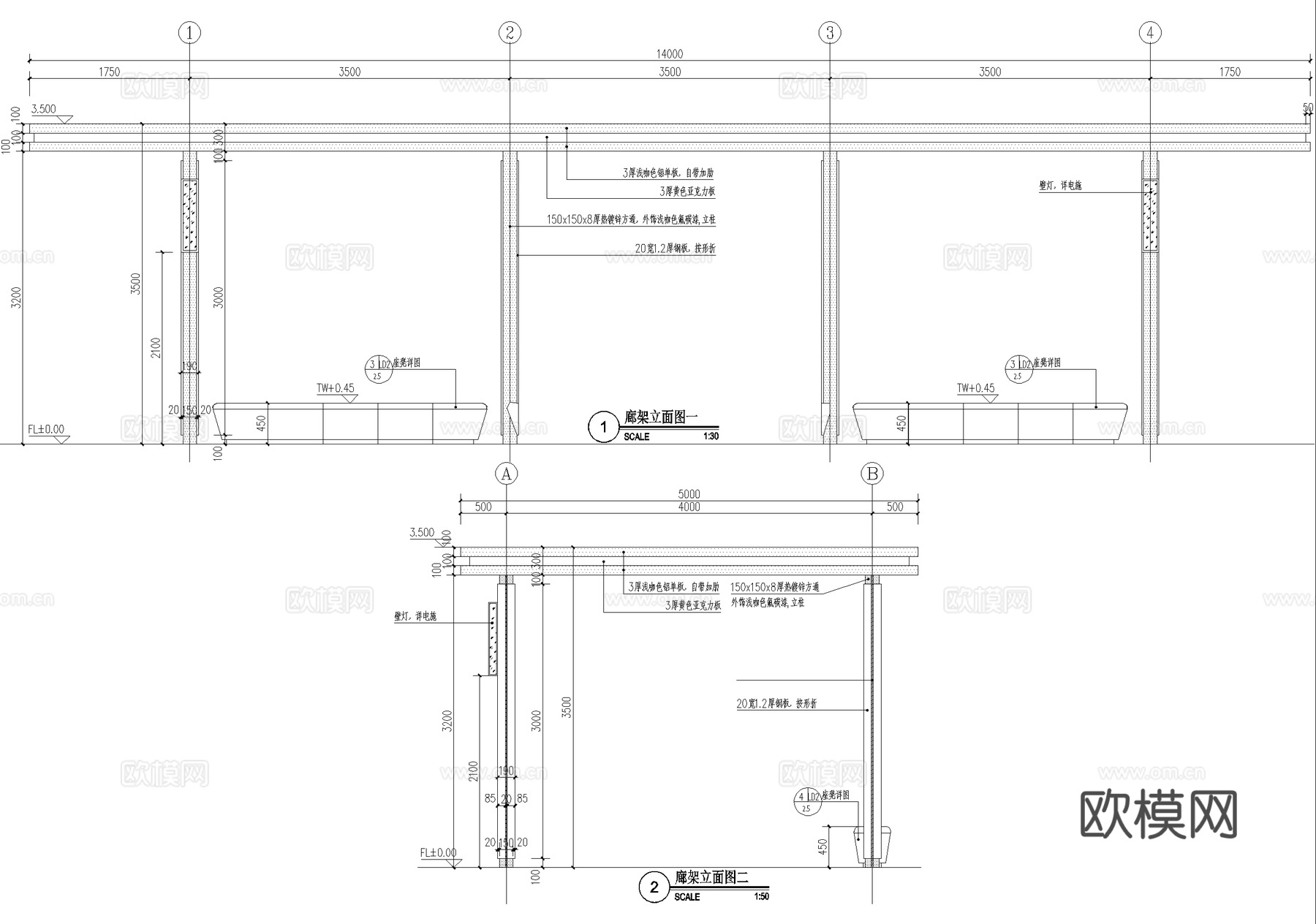 现代玻璃廊架 钢结构廊架 会客厅坐凳cad施工图