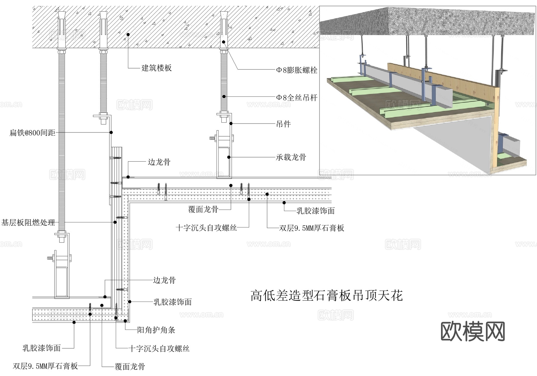 石膏板吊顶 高低差造型天花cad施工图
