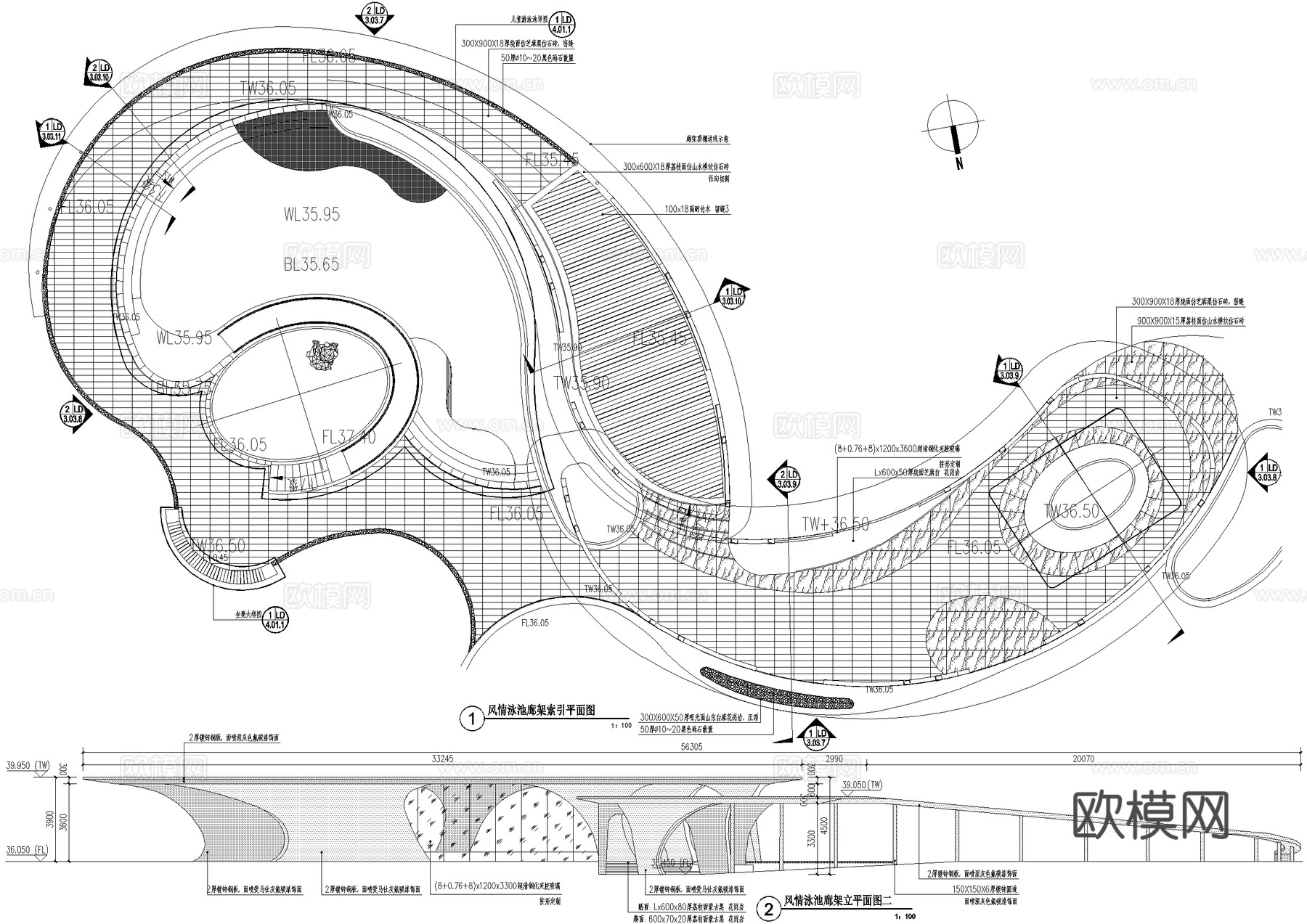 现代异形廊架 弧形廊架 钢结构廊架 风雨连廊cad施工图