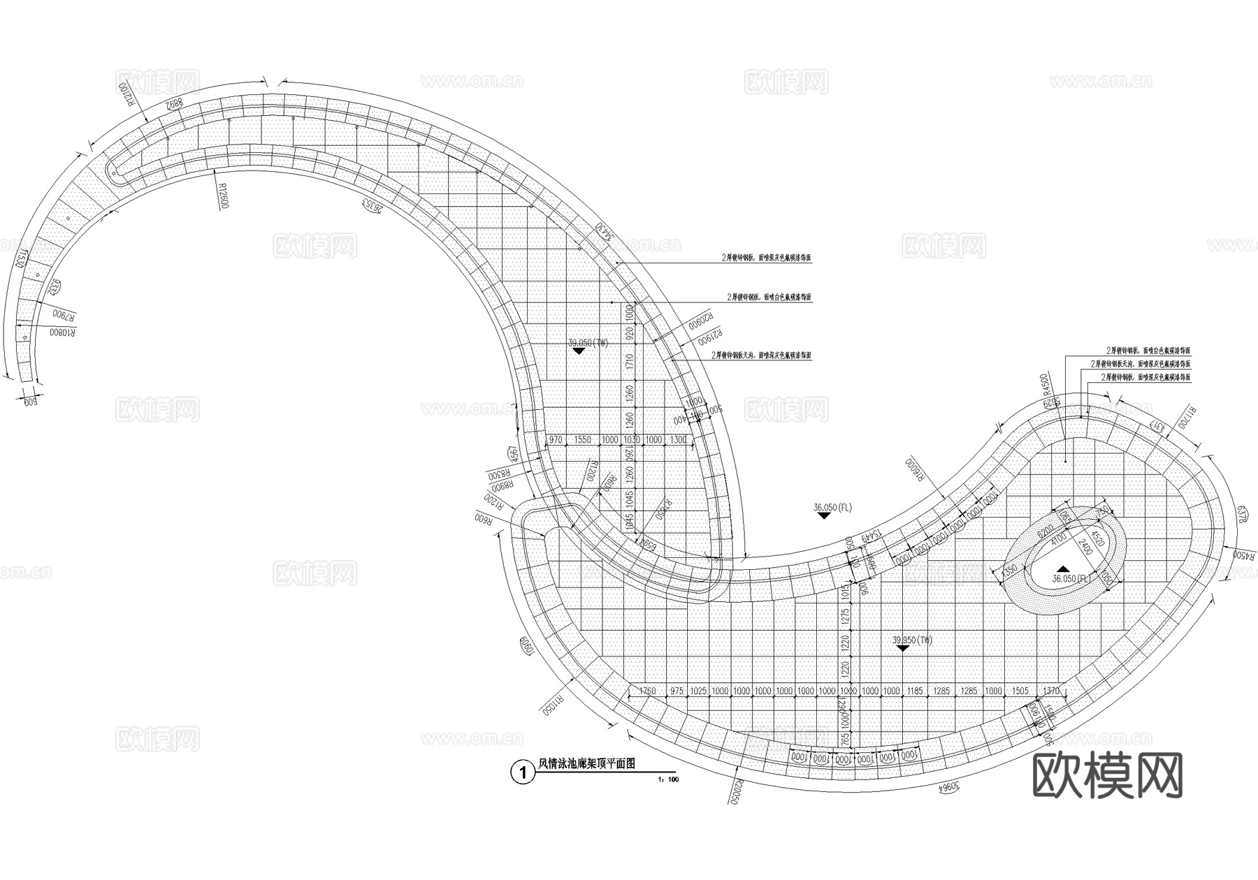 现代异形廊架 弧形廊架 钢结构廊架 风雨连廊cad施工图