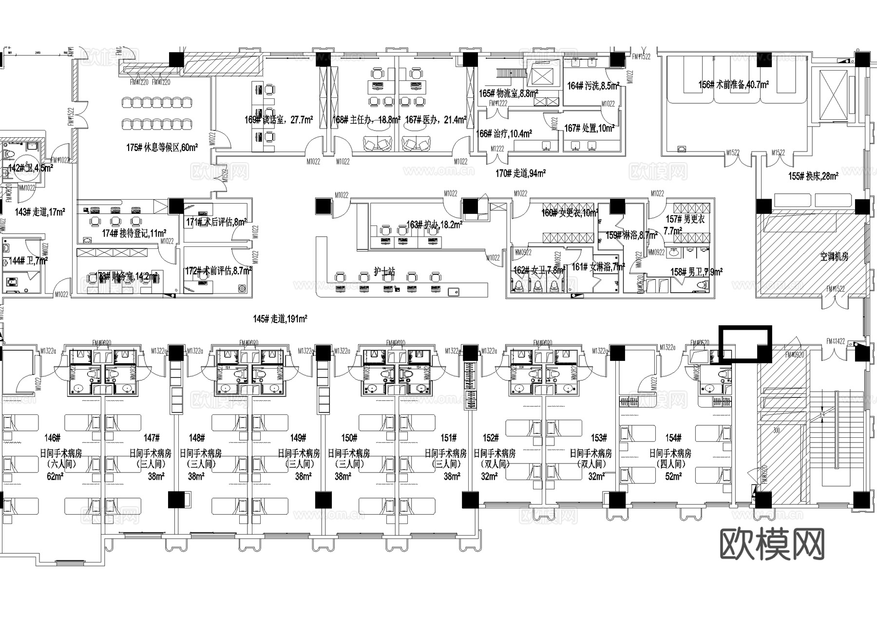 医院门诊医技楼三层 耳鼻喉科口腔牙科 平面图cad施工图