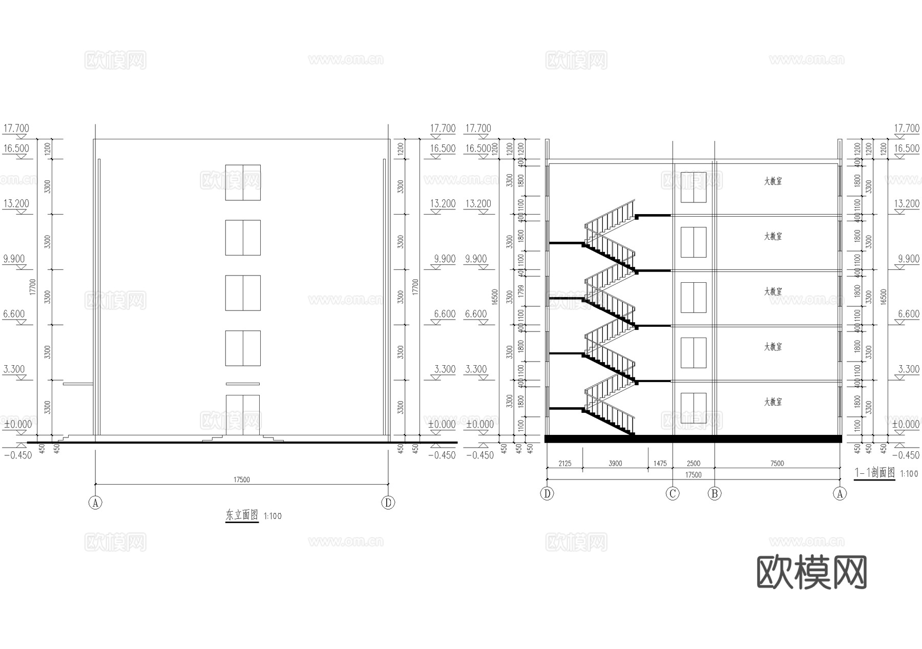 五层大学高校教学楼学校建筑cad施工图