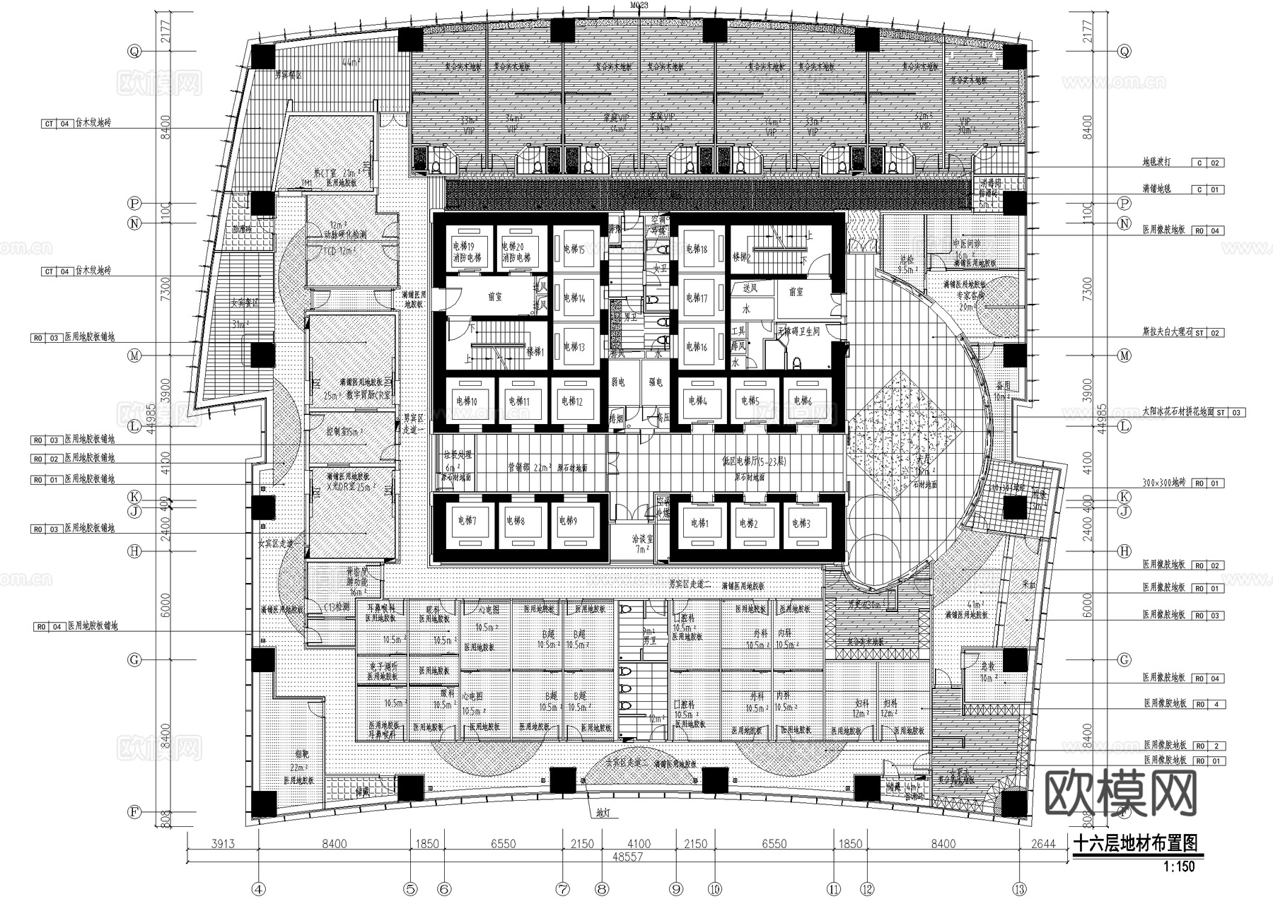 医院平面系统图 天花地材隔墙尺寸cad施工图