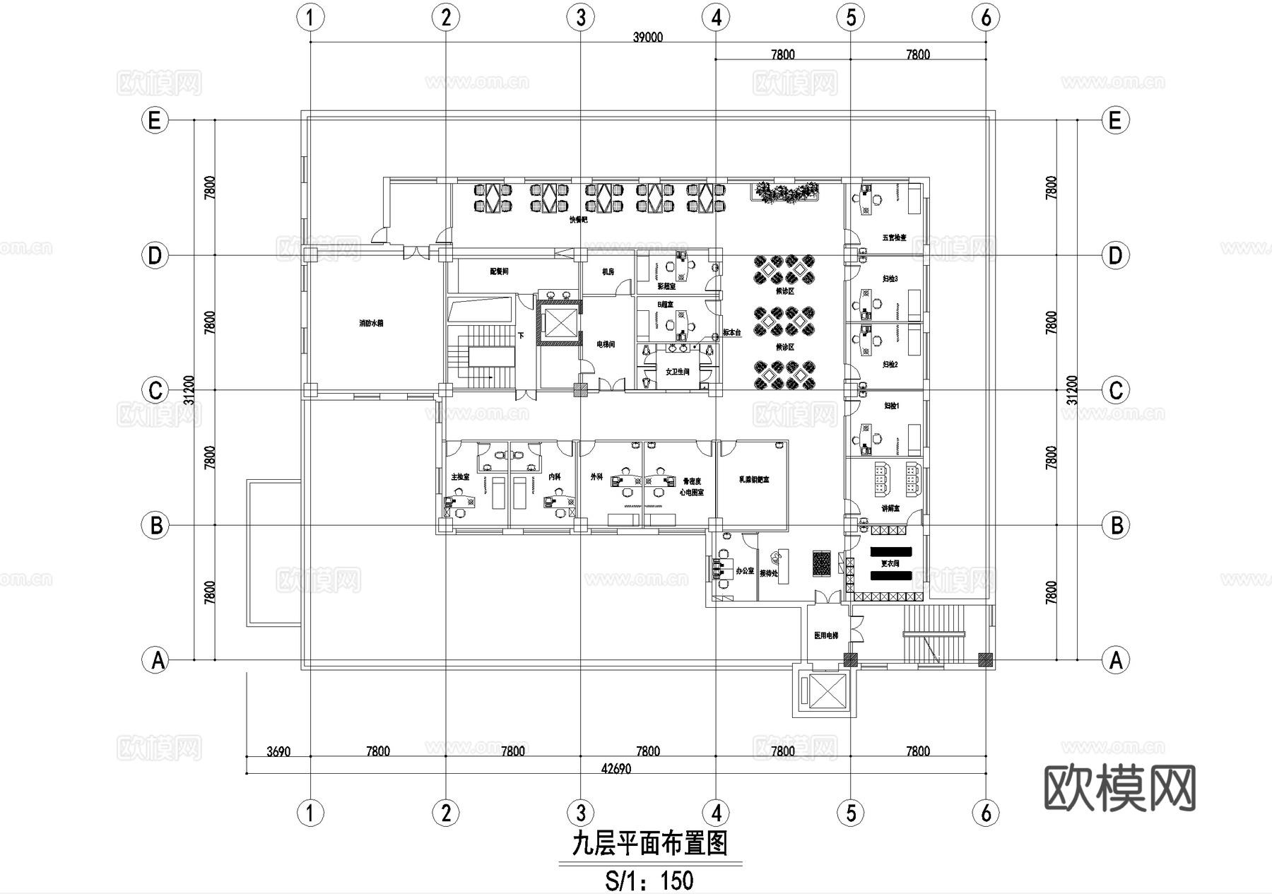 医院门诊楼 九层平面图 地下室cad施工图