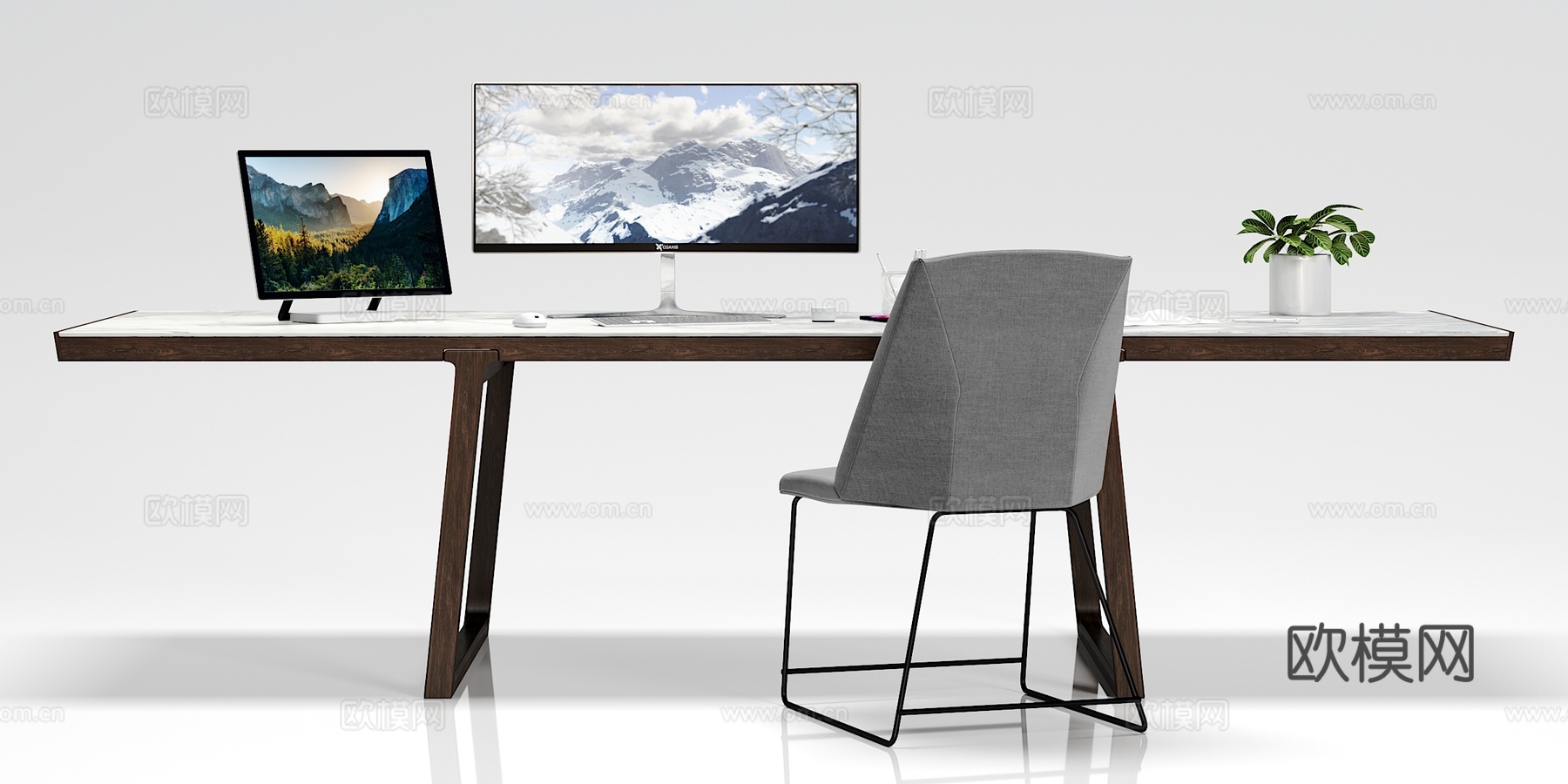 现代简约 电脑桌 电脑摆件组合3d模型下载（渲染图2）