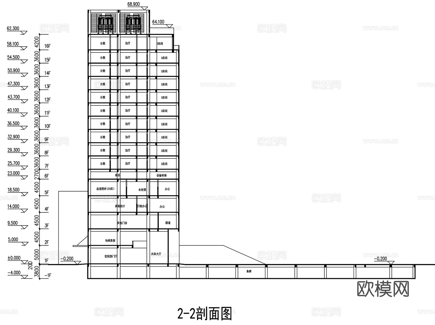 如皋人民医院建筑平剖面CAD施工图集cad施工图