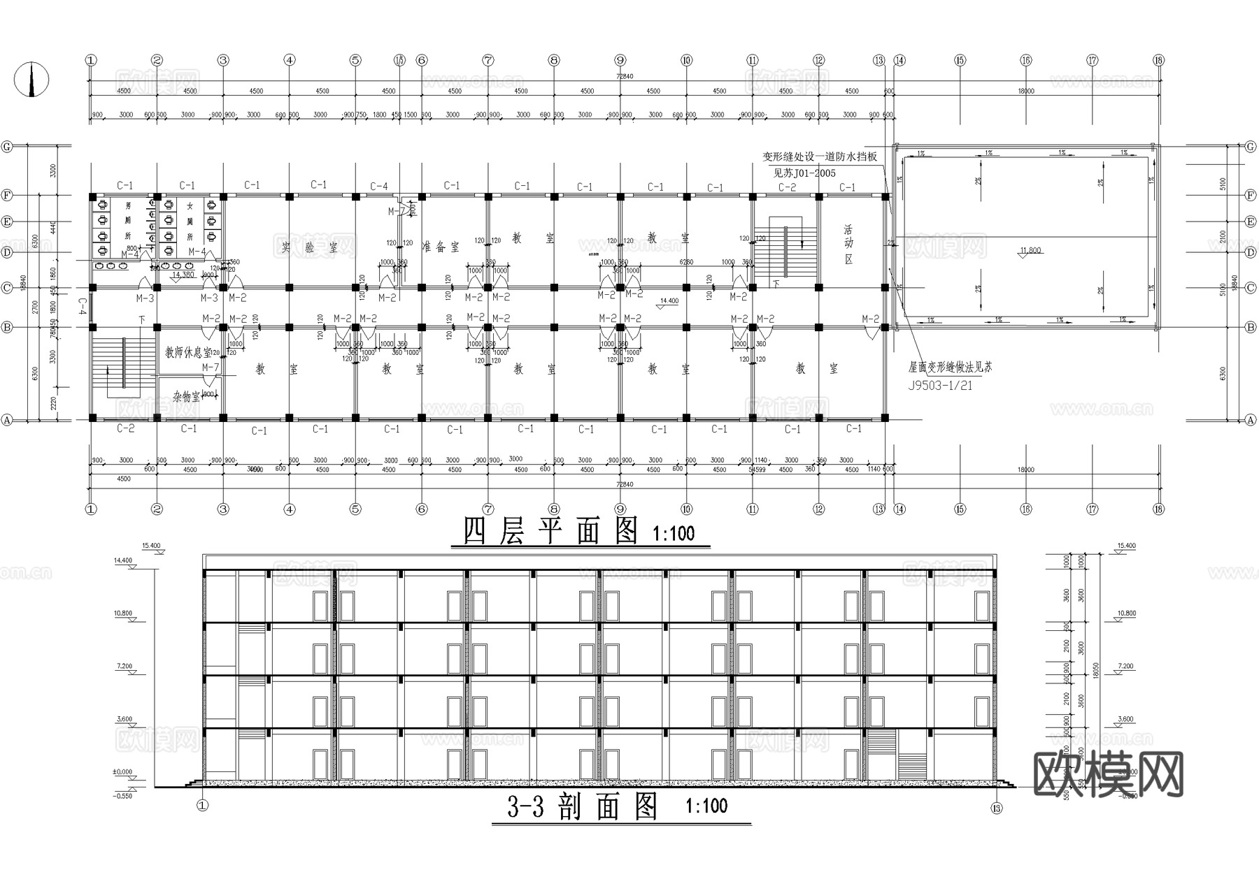 四层中学教学楼学校建筑cad施工图