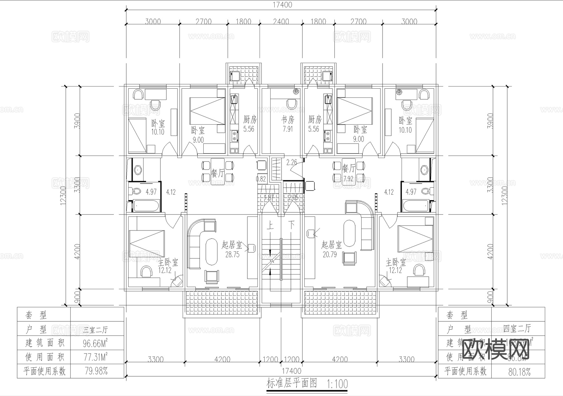 平层户型图 建筑平面图 三室两厅四室两厅 一梯两户cad施工图cad施工图
