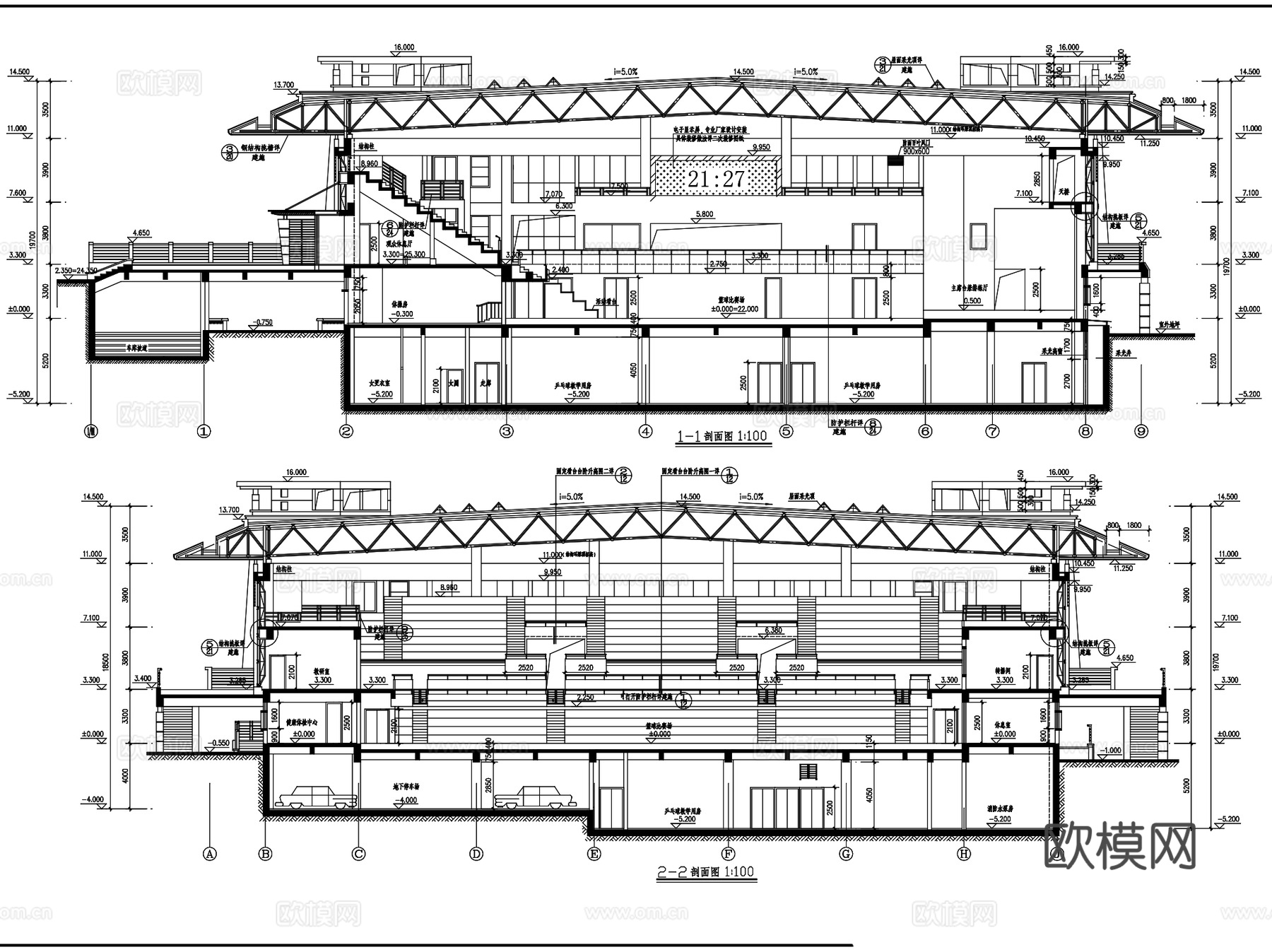 青岛一中校改体育馆平立剖面建筑CAD施工图集cad施工图