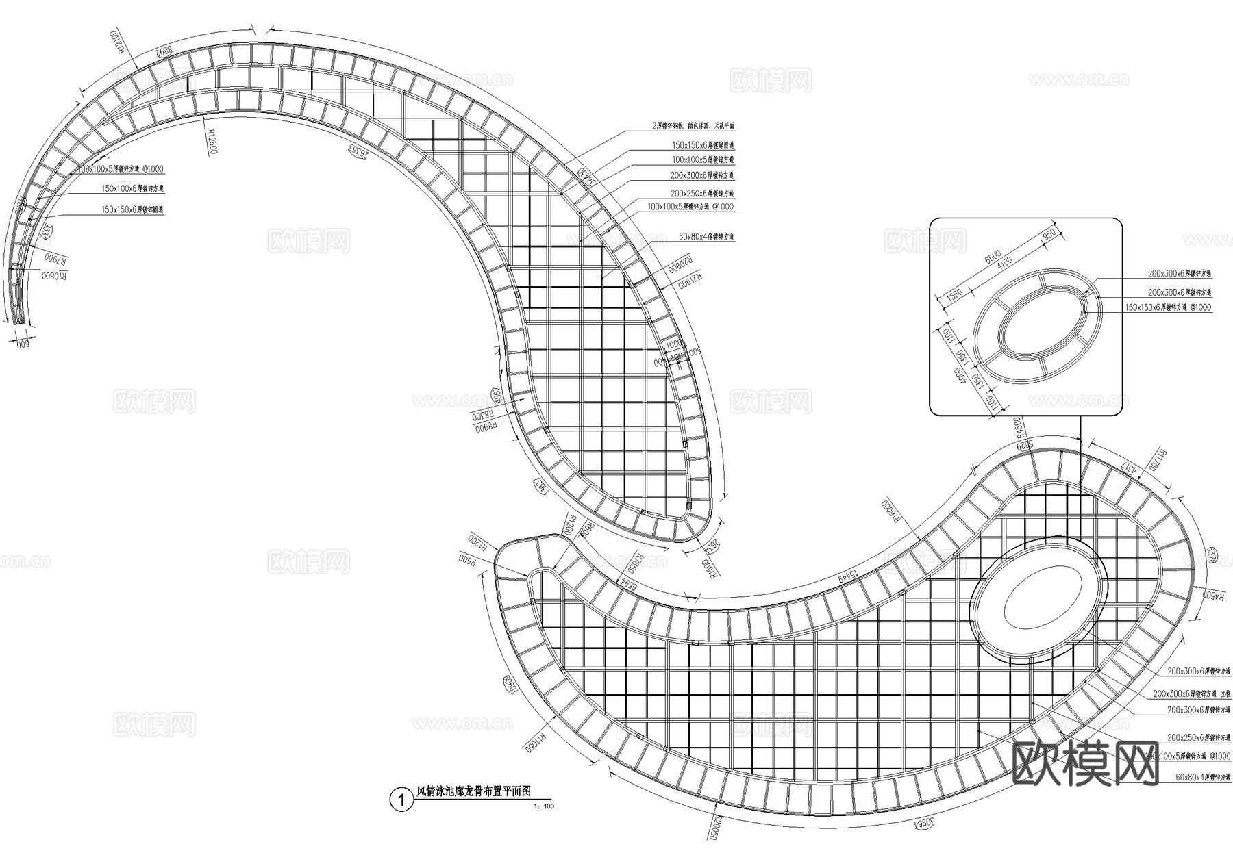 现代异形廊架 弧形廊架 钢结构廊架 风雨连廊cad施工图