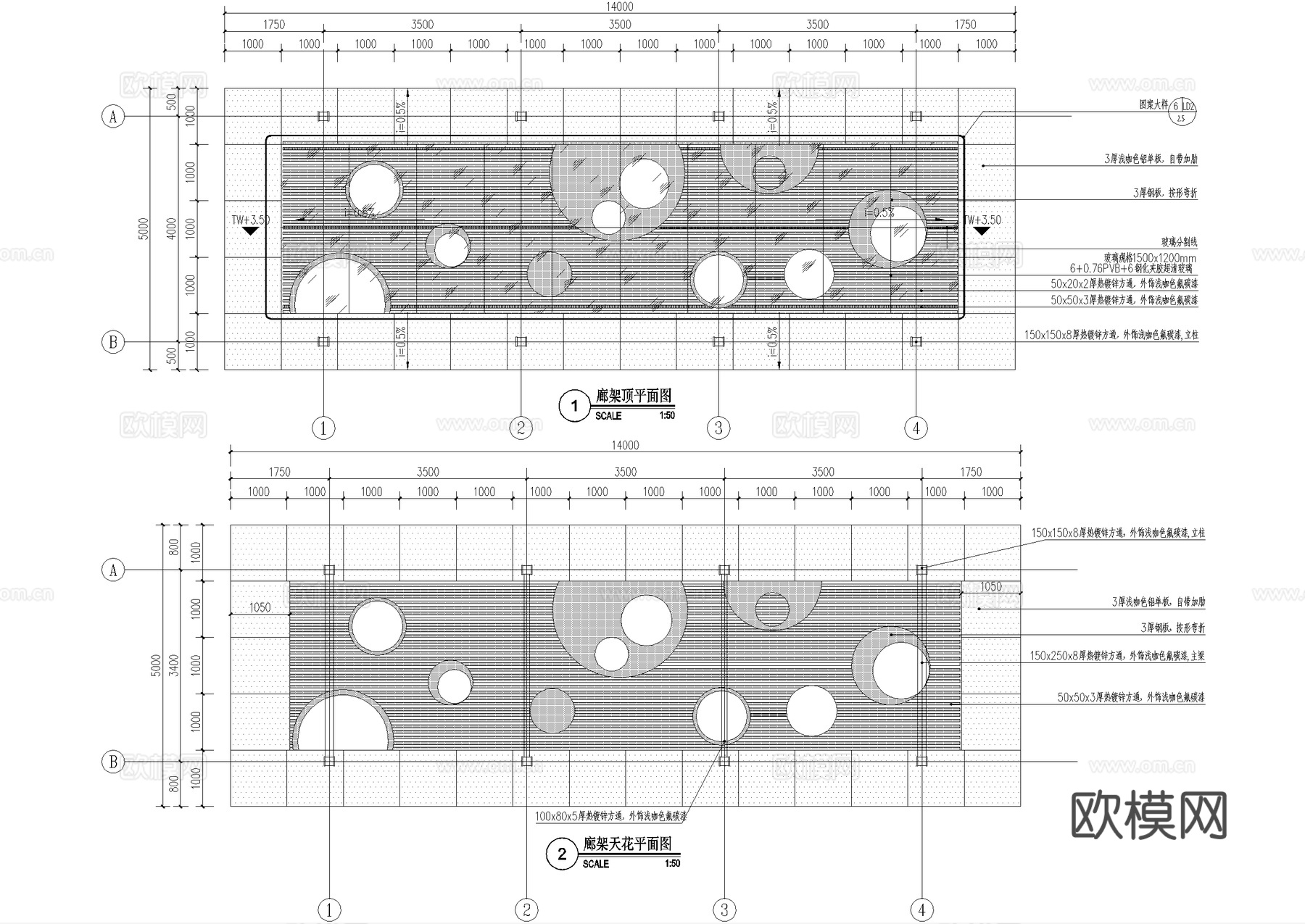 现代玻璃廊架 钢结构廊架 会客厅坐凳cad施工图
